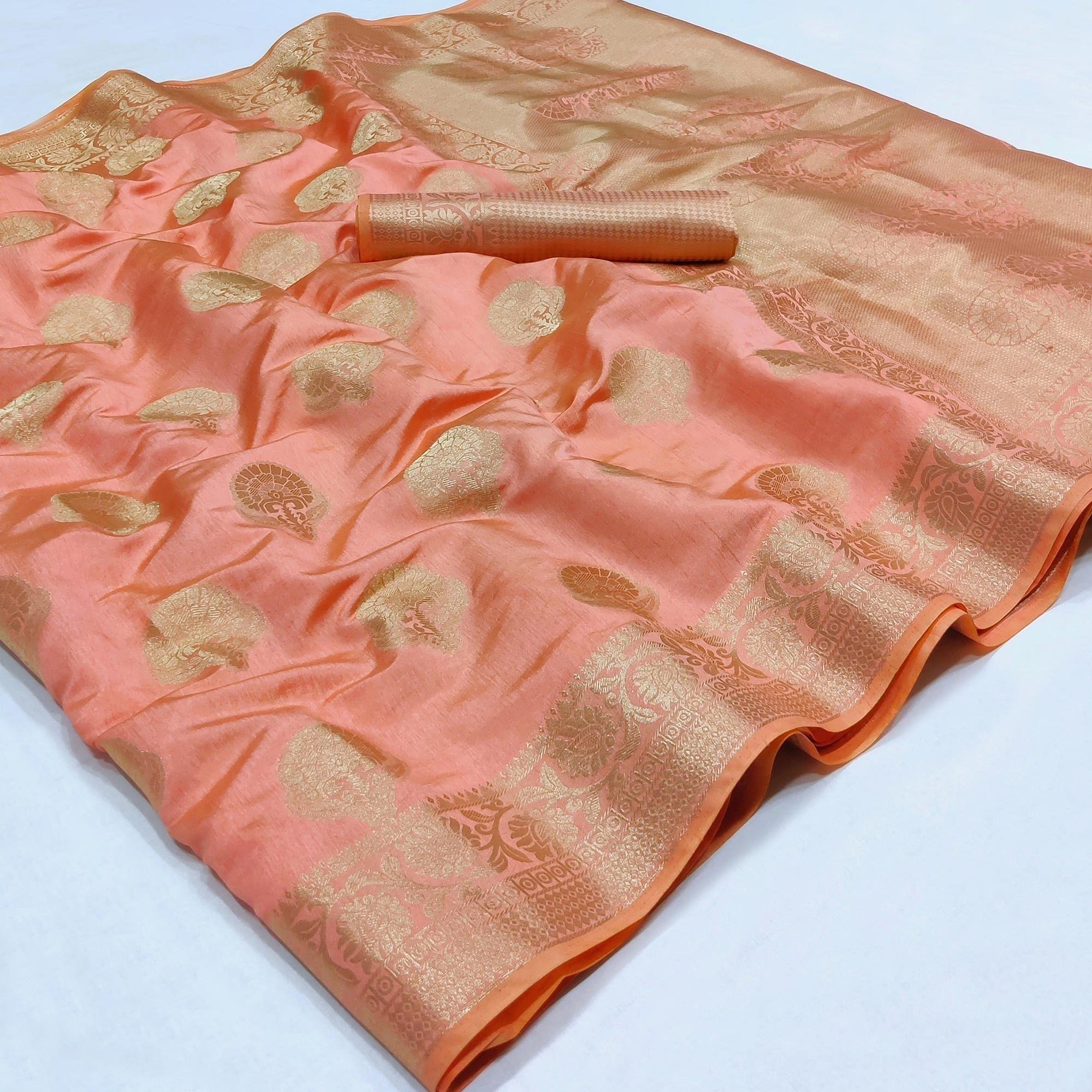 Peach Festive Wear Woven Raw Silk Saree - Peachmode