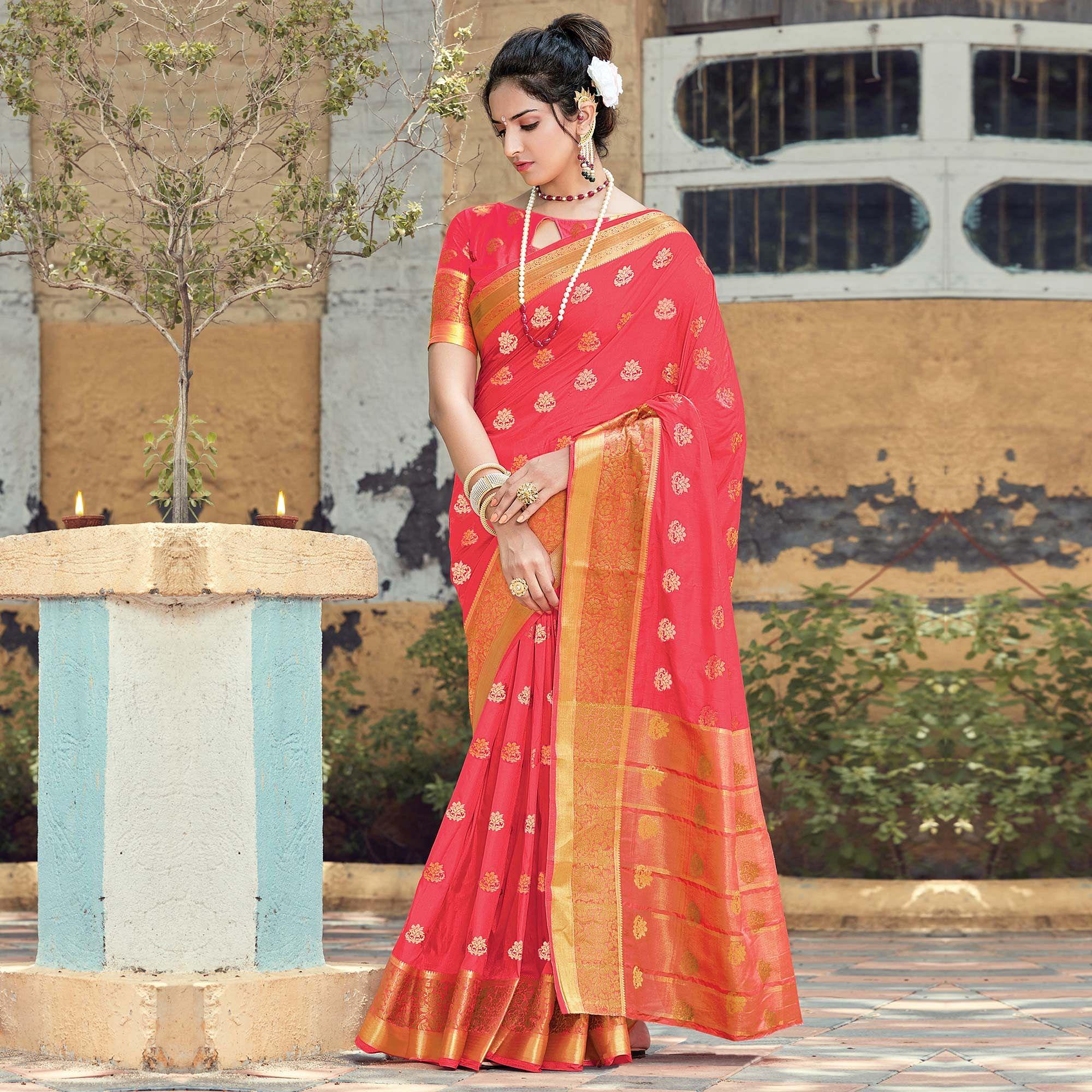 Peach Festive Wear Woven Silk Saree - Peachmode