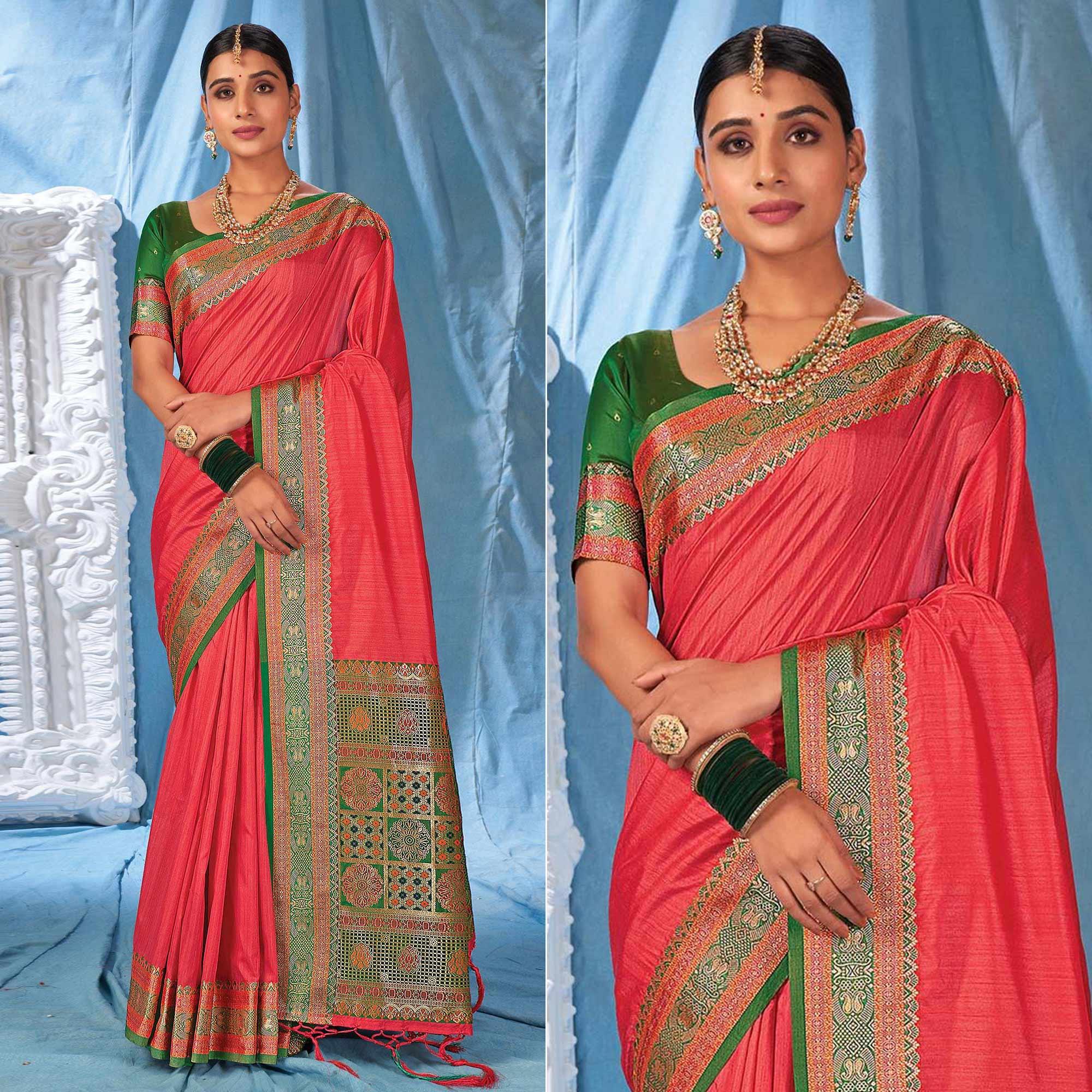 Peach Festive Wear Woven Silk Saree - Peachmode