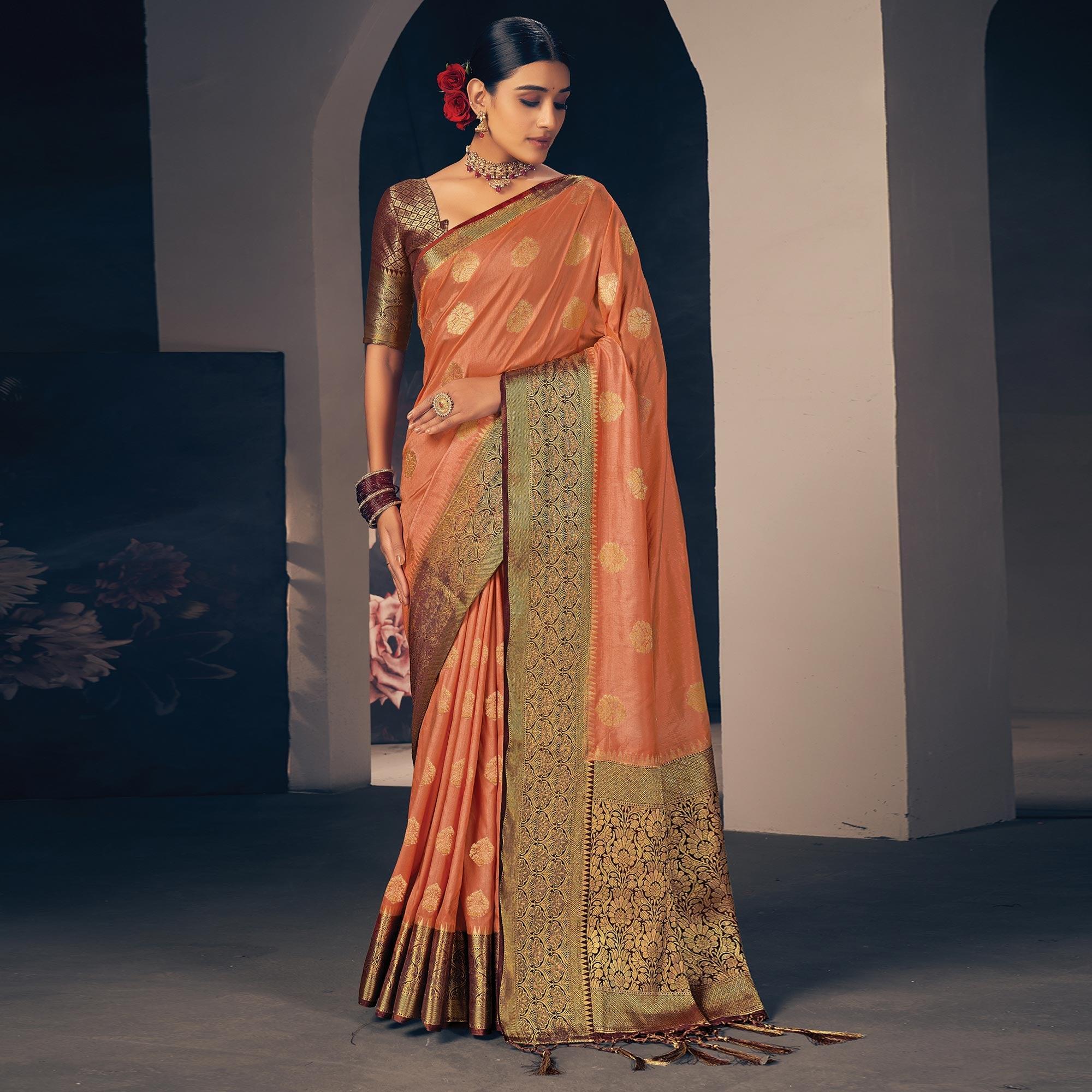 Peach Festive Wear Woven Silk Saree - Peachmode