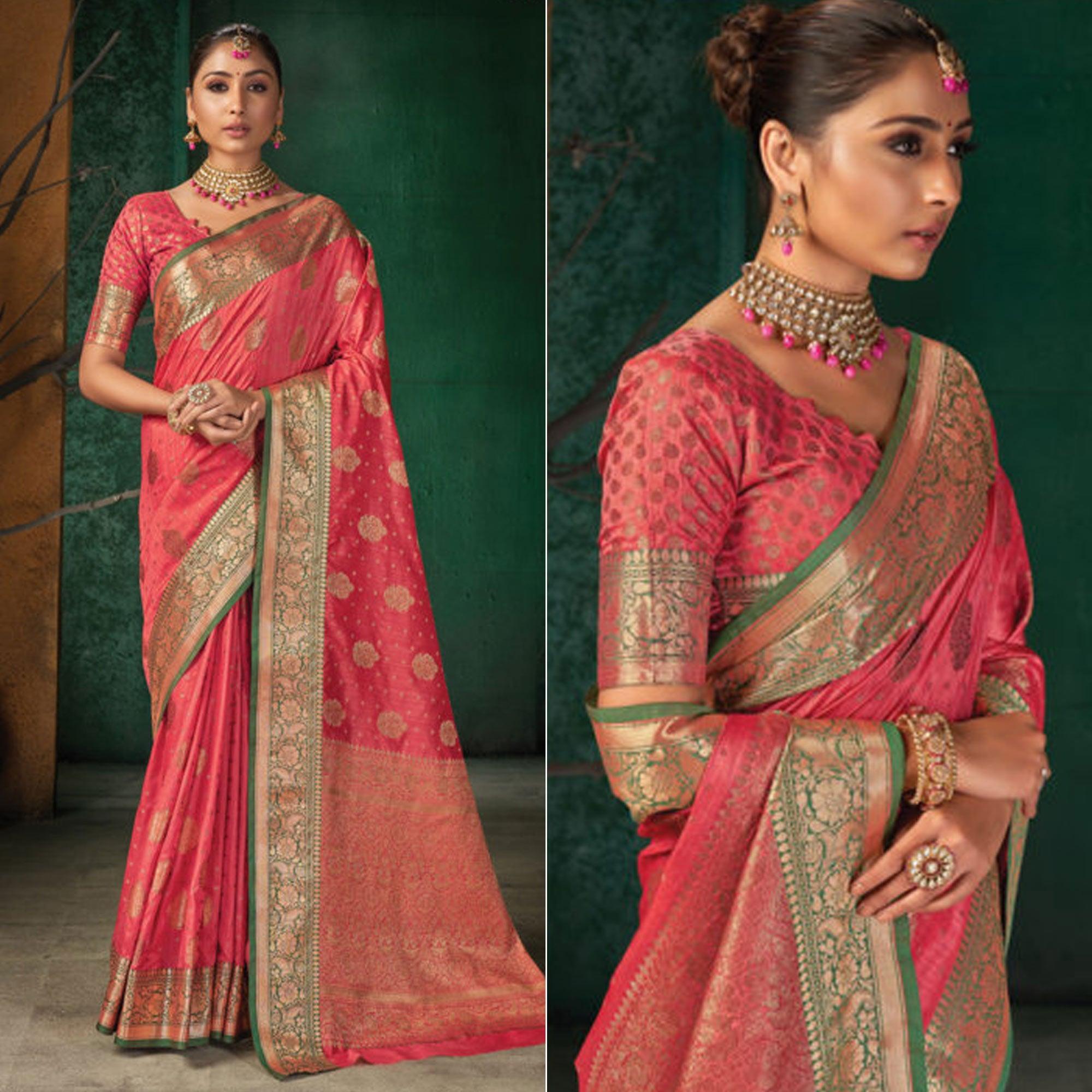 Peach Festive Wear Woven Silk Saree - Peachmode