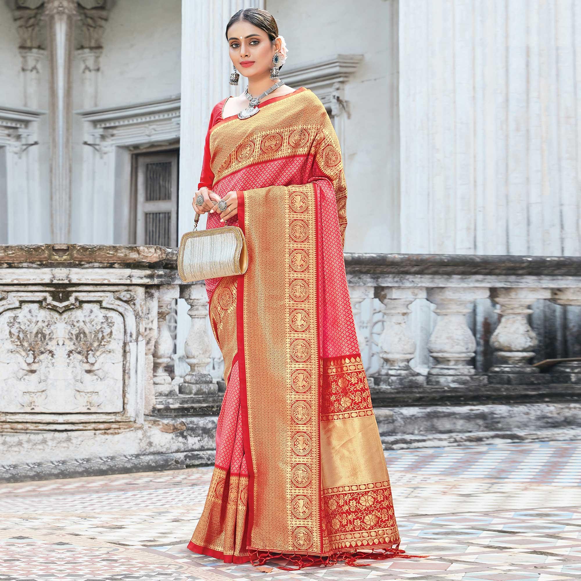 Peach Festive Wear Woven Silk Saree - Peachmode