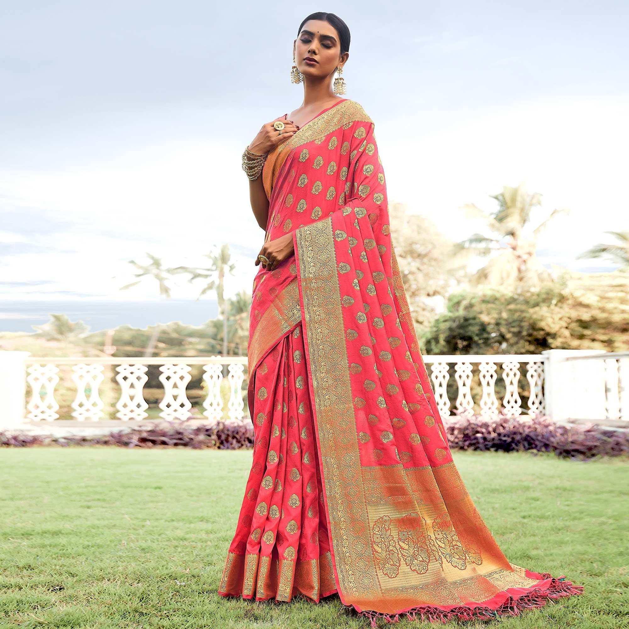 Peach Festive Wear Woven Silk Saree - Peachmode