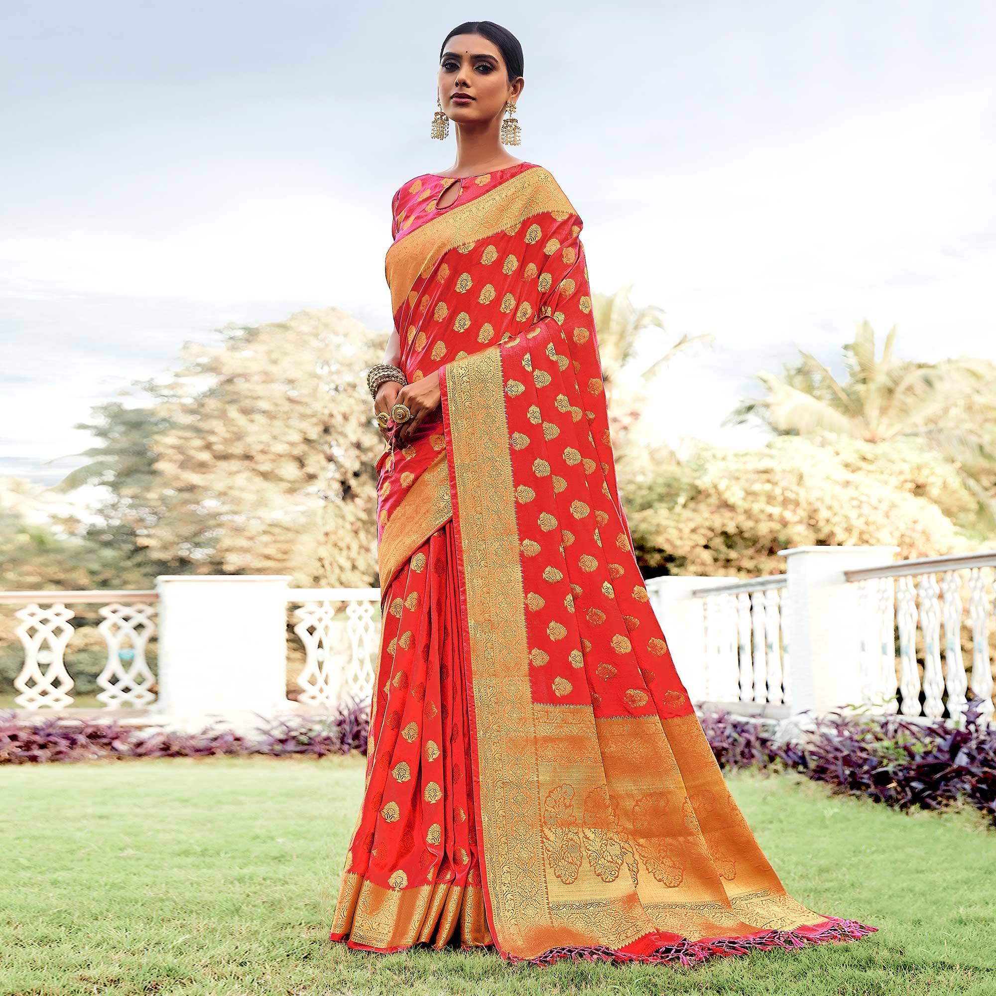 Peach Festive Wear Woven Silk Saree - Peachmode