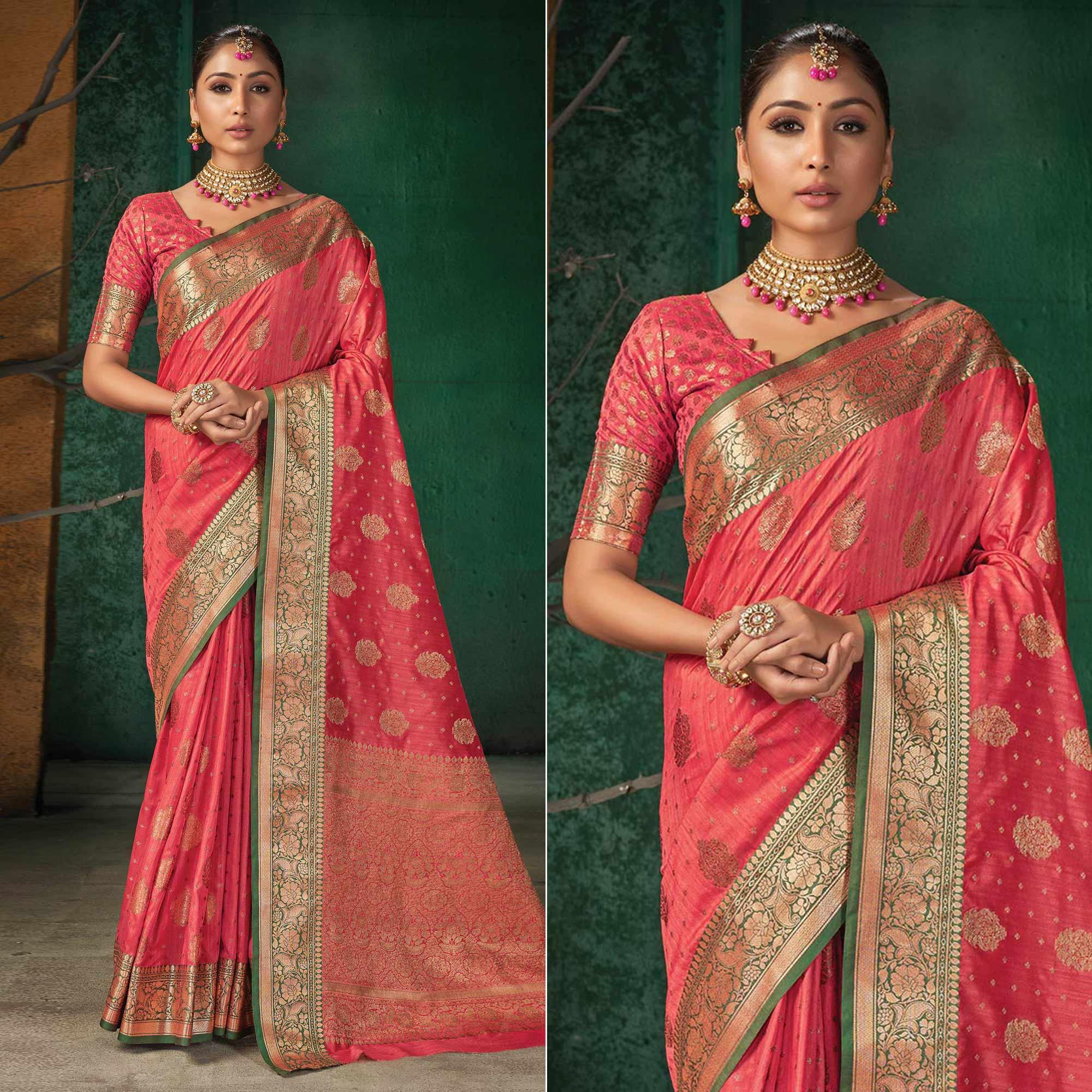 Peach Festive Wear Woven Silk Saree - Peachmode