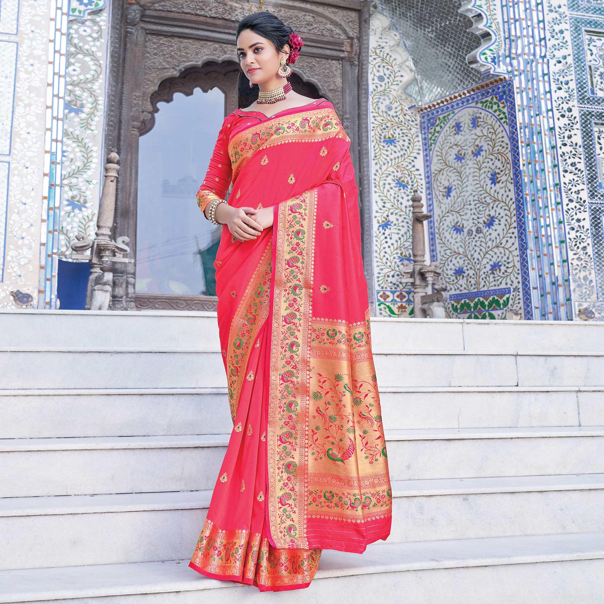 Peach Festive Wear Woven Silk Saree - Peachmode
