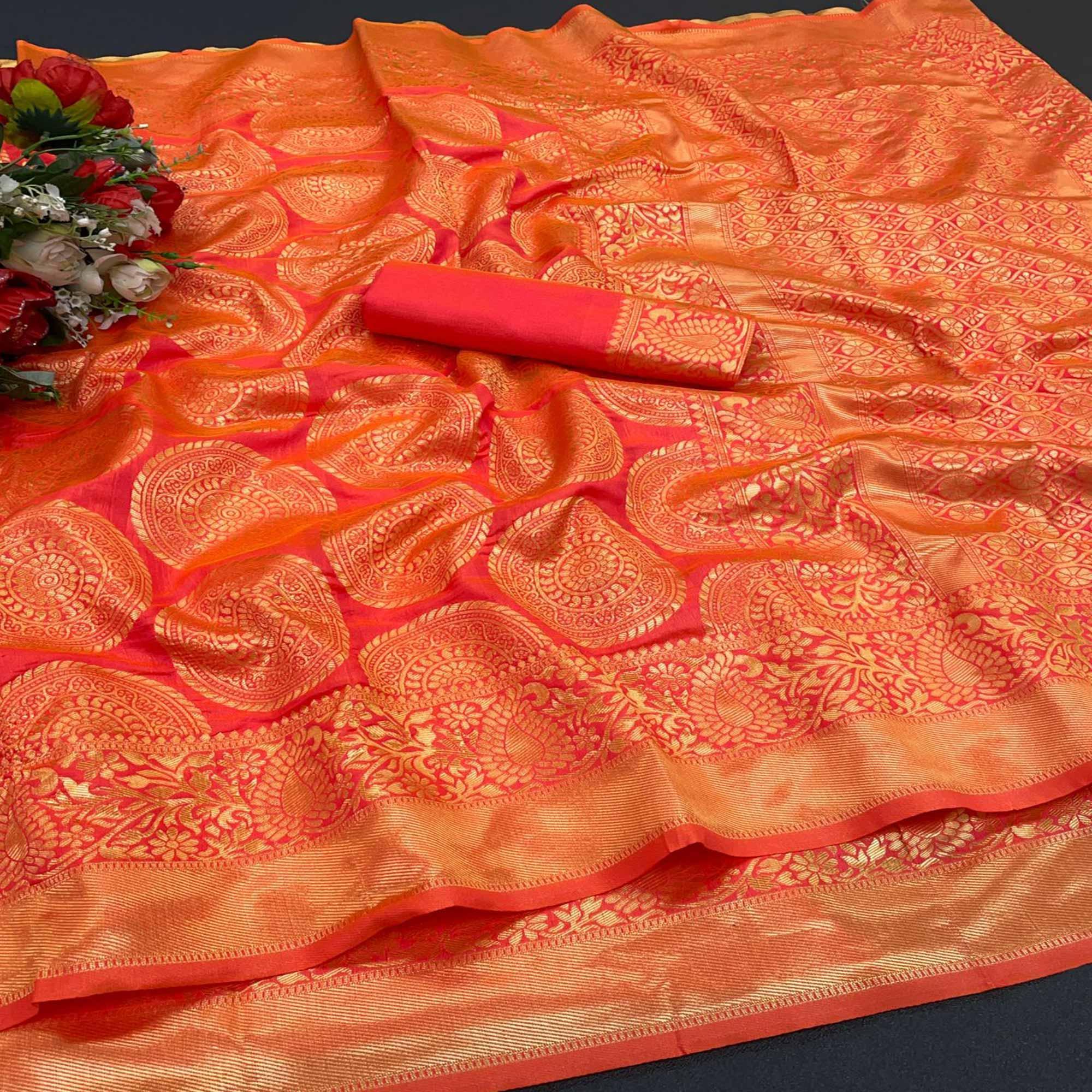 Peach Festive Wear Woven Silk Saree - Peachmode