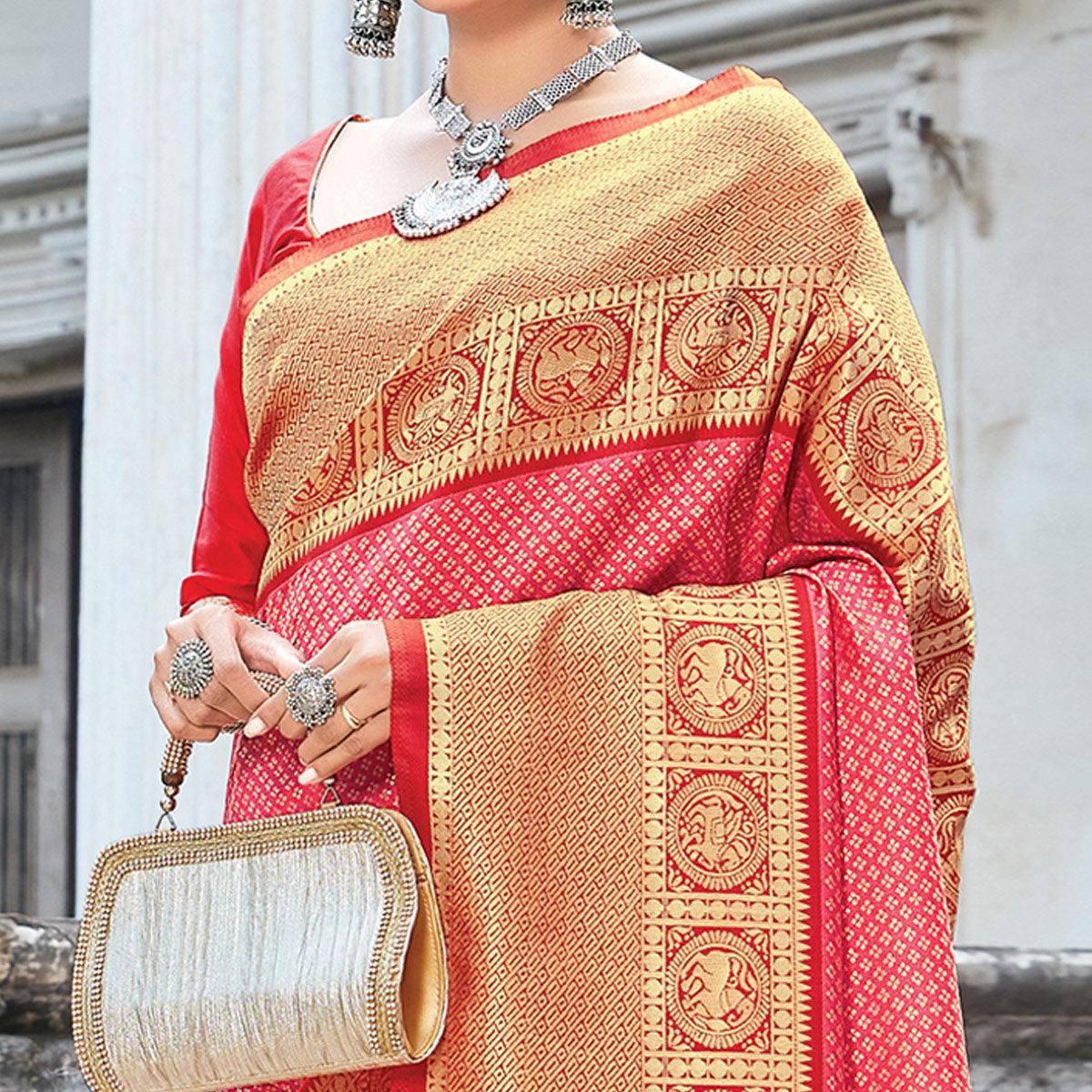 Peach Festive Wear Woven Silk Saree - Peachmode