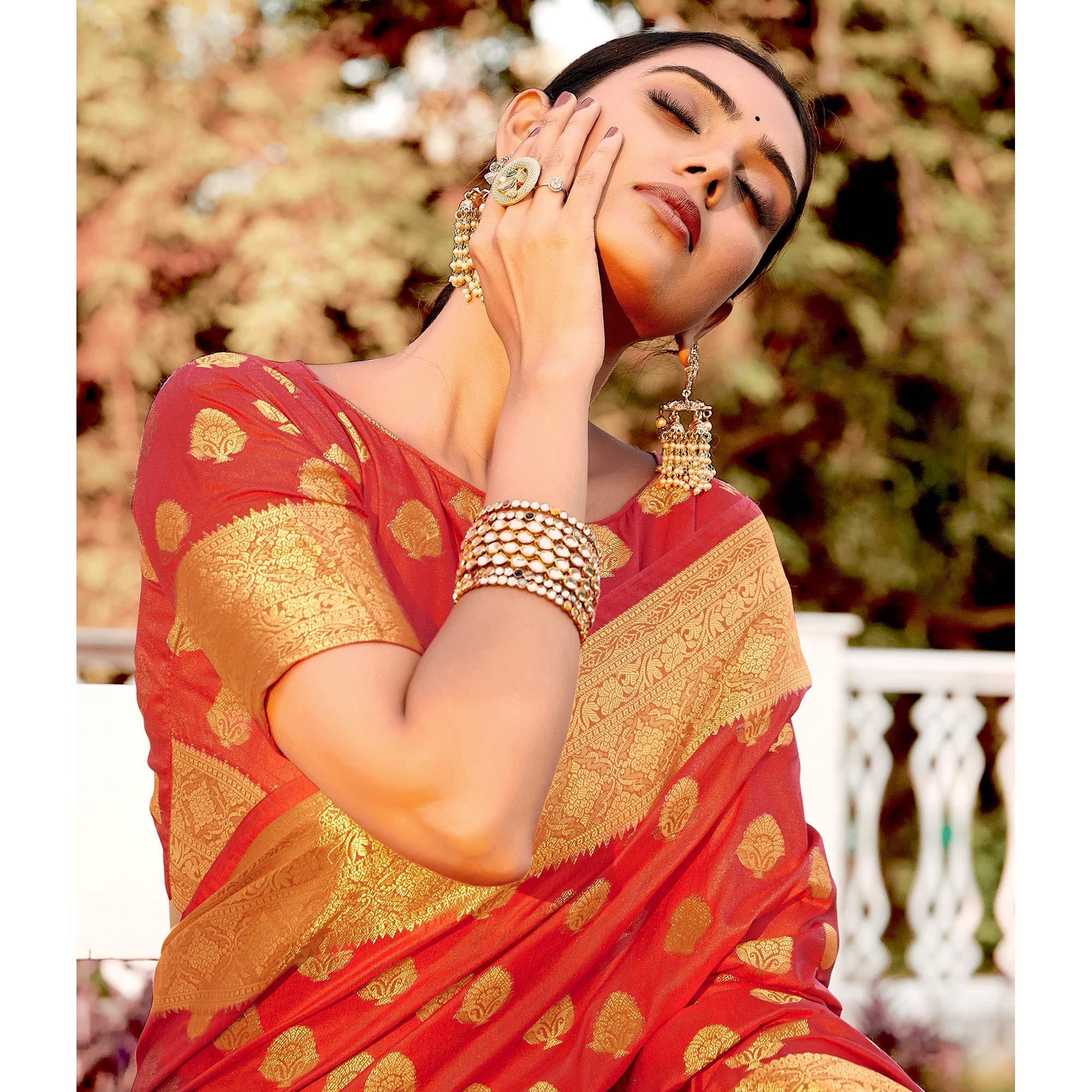Peach Festive Wear Woven Silk Saree - Peachmode