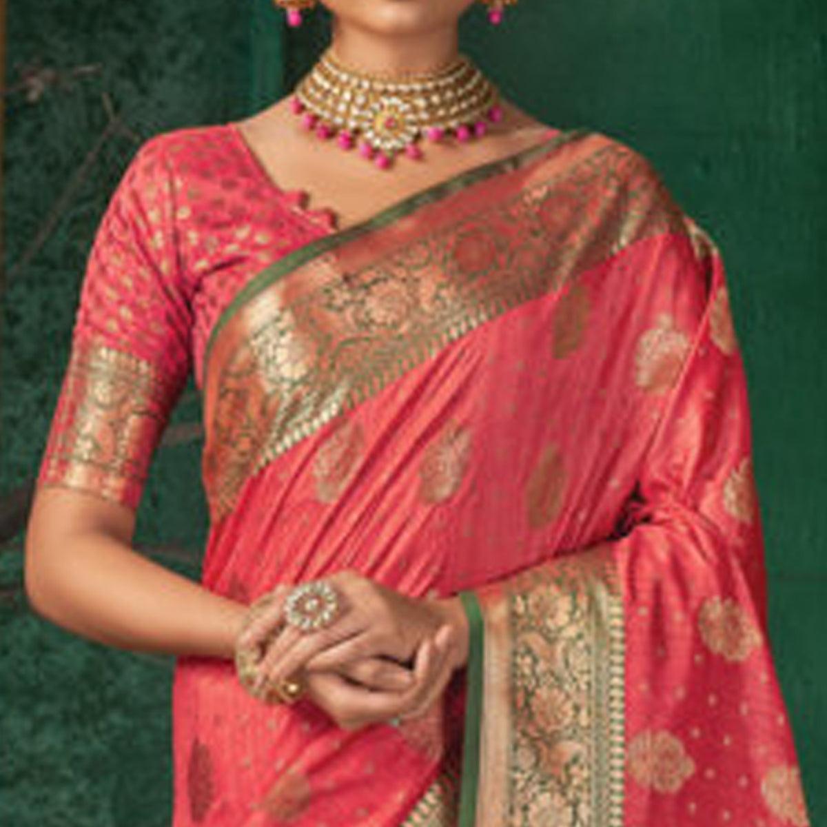 Peach Festive Wear Woven Silk Saree - Peachmode