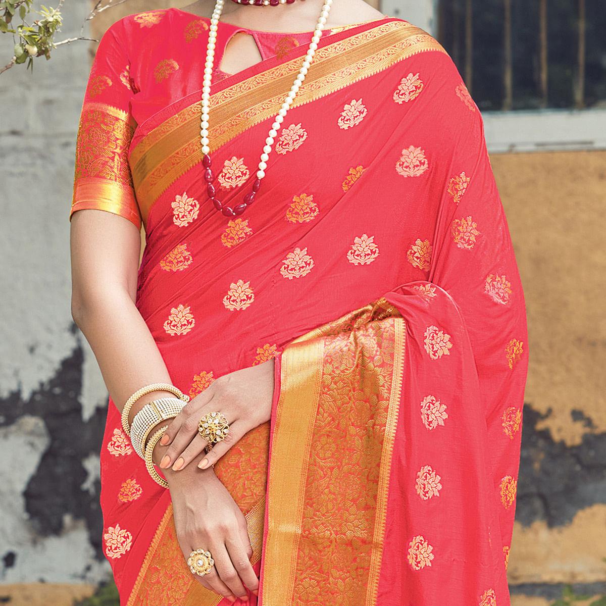 Peach Festive Wear Woven Silk Saree - Peachmode