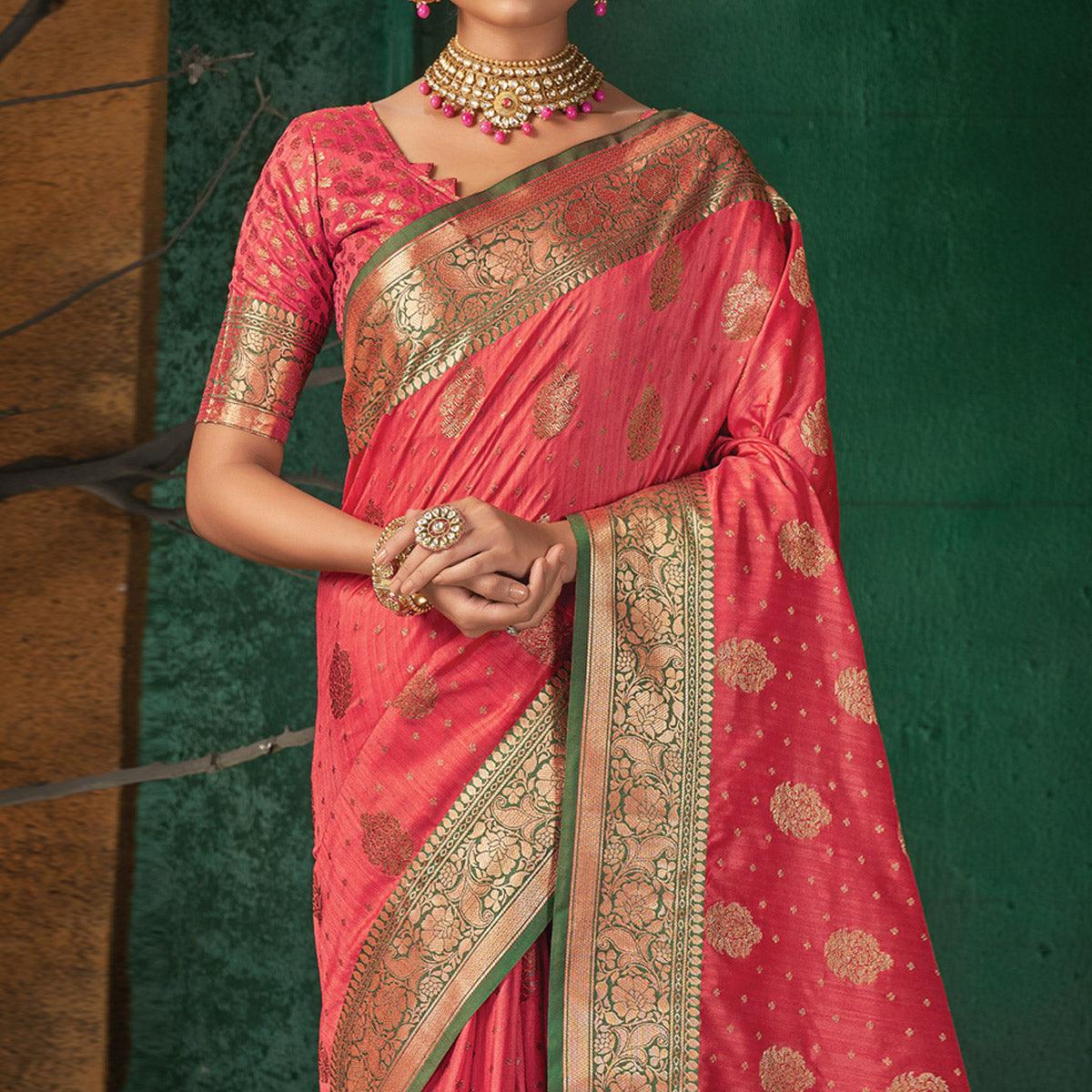 Peach Festive Wear Woven Silk Saree - Peachmode
