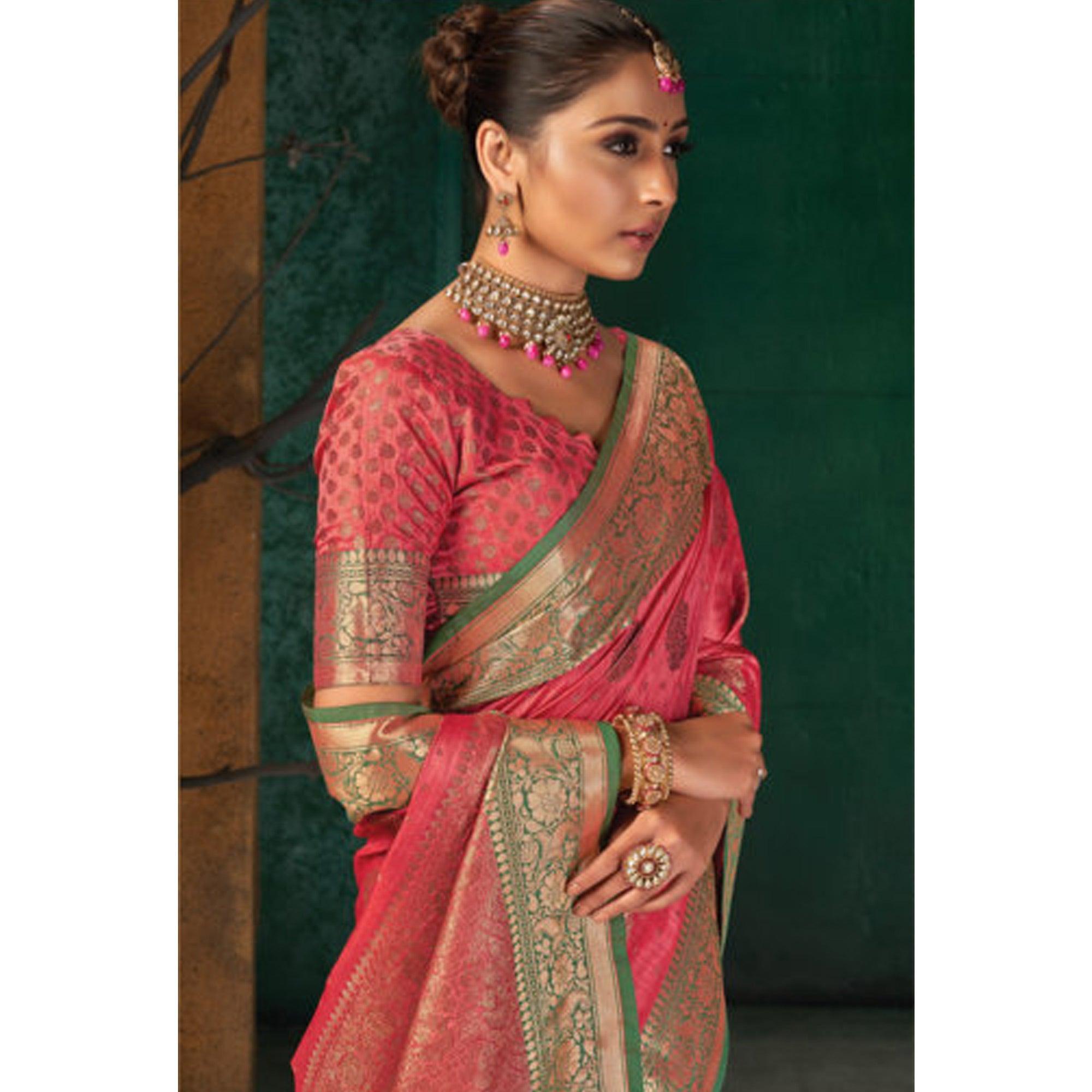 Peach Festive Wear Woven Silk Saree - Peachmode