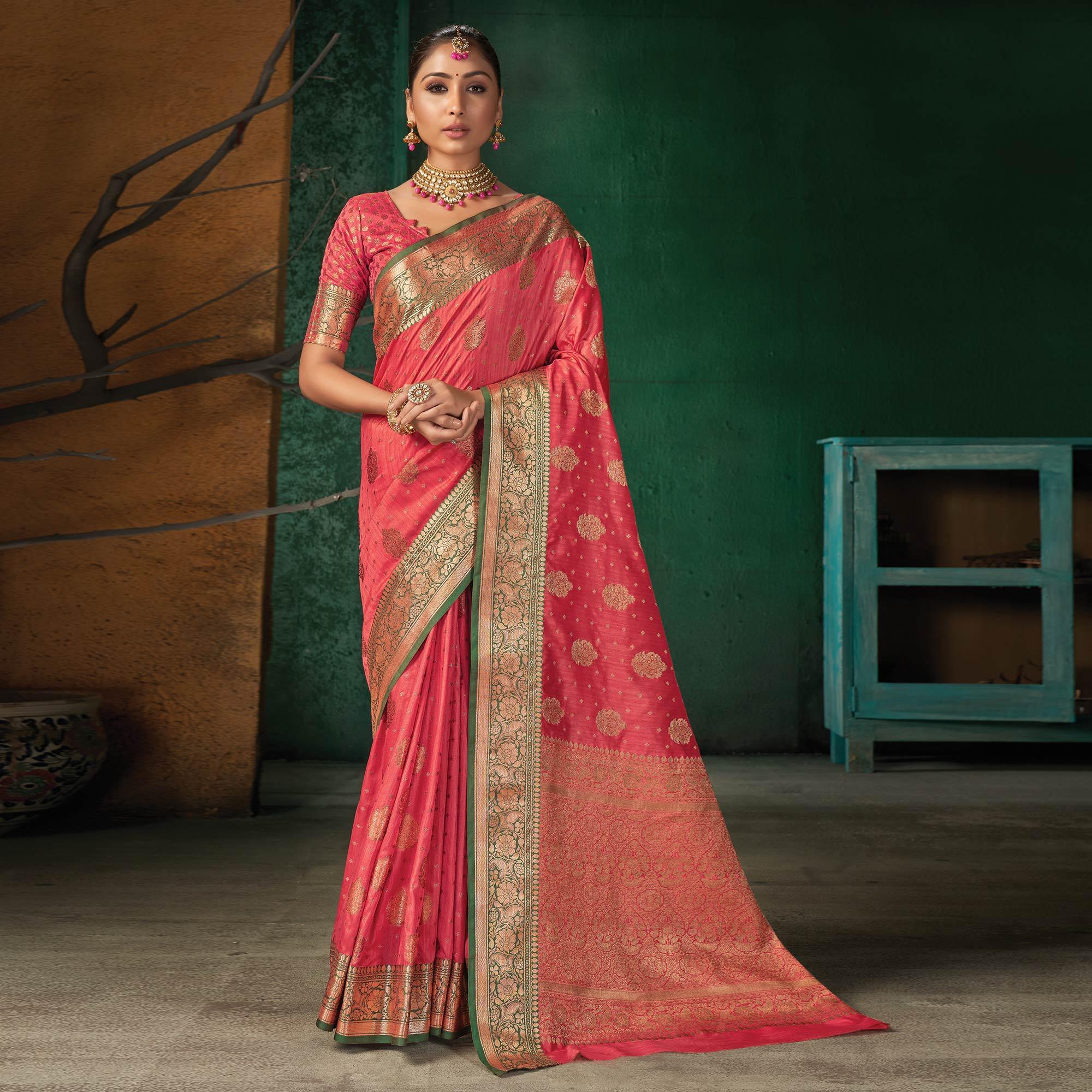 Peach Festive Wear Woven Silk Saree - Peachmode
