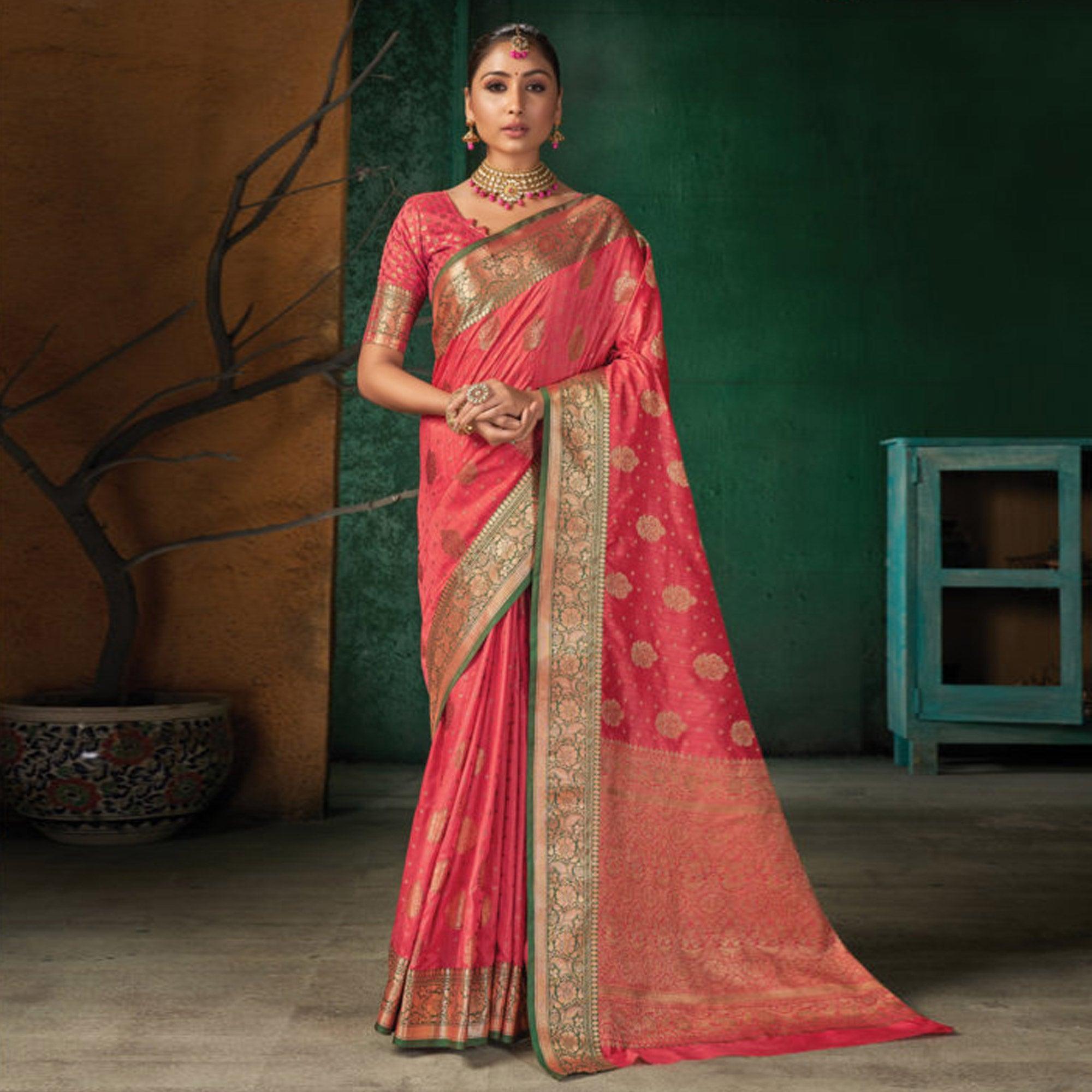 Peach Festive Wear Woven Silk Saree - Peachmode