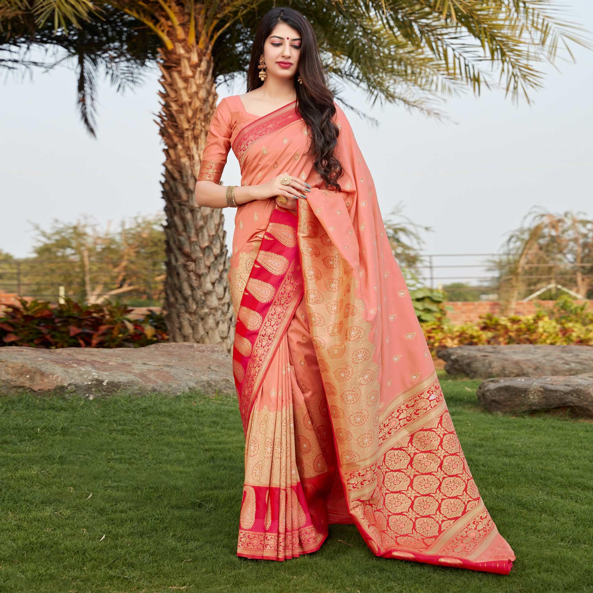 Peach Festive Wear Woven Soft Banarasi Silk Saree - Peachmode