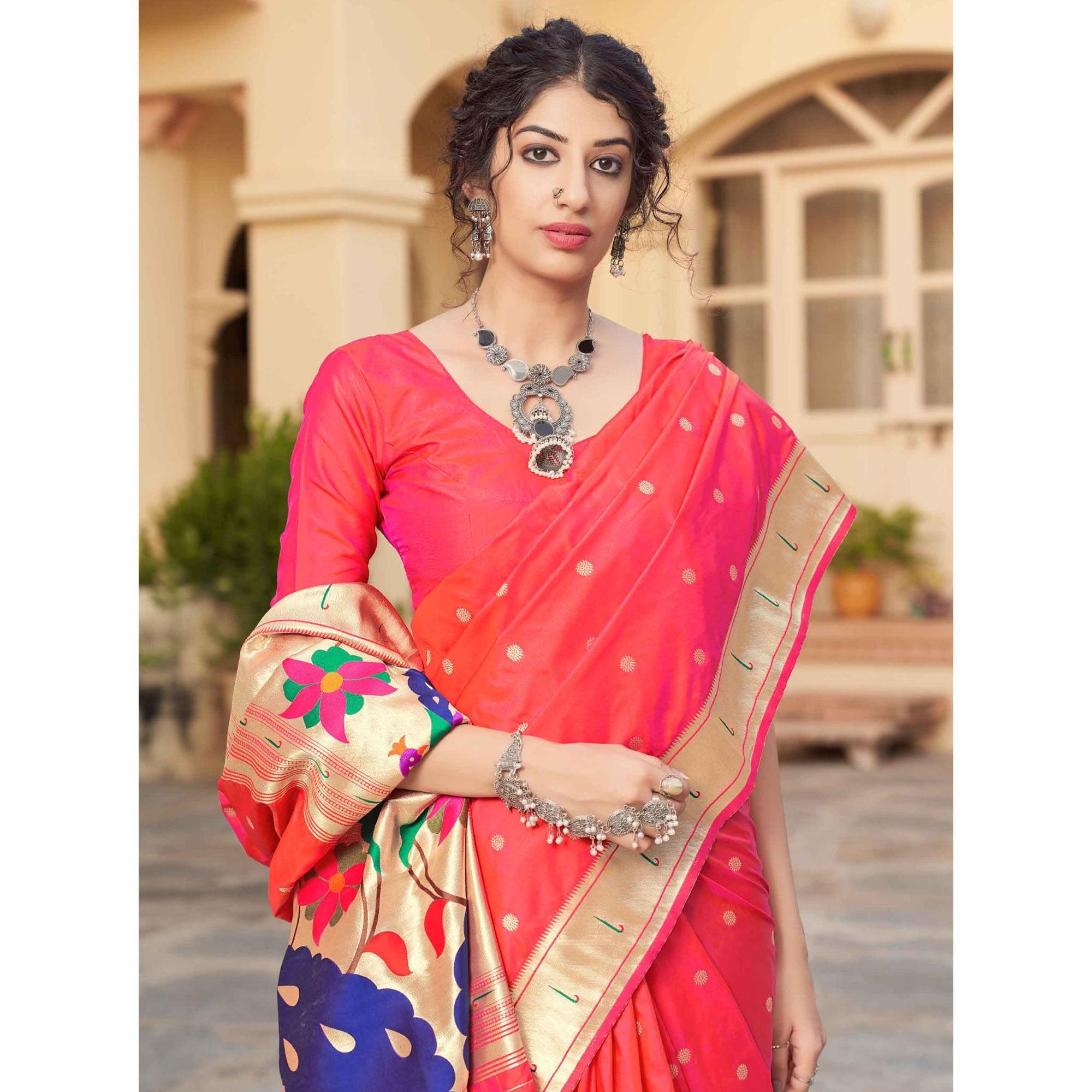 Peach Festive Wear Woven Soft Banarasi Silk Saree - Peachmode