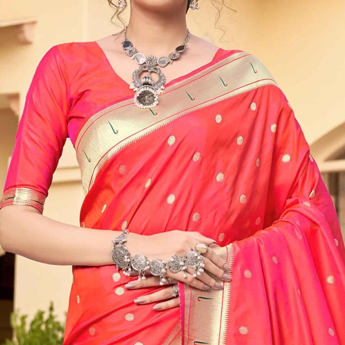 Peach Festive Wear Woven Soft Banarasi Silk Saree - Peachmode