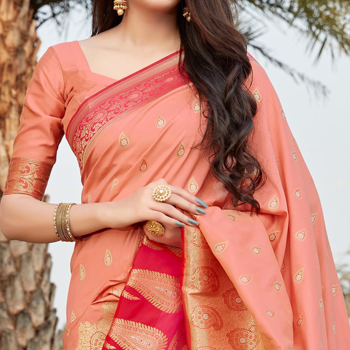 Peach Festive Wear Woven Soft Banarasi Silk Saree - Peachmode
