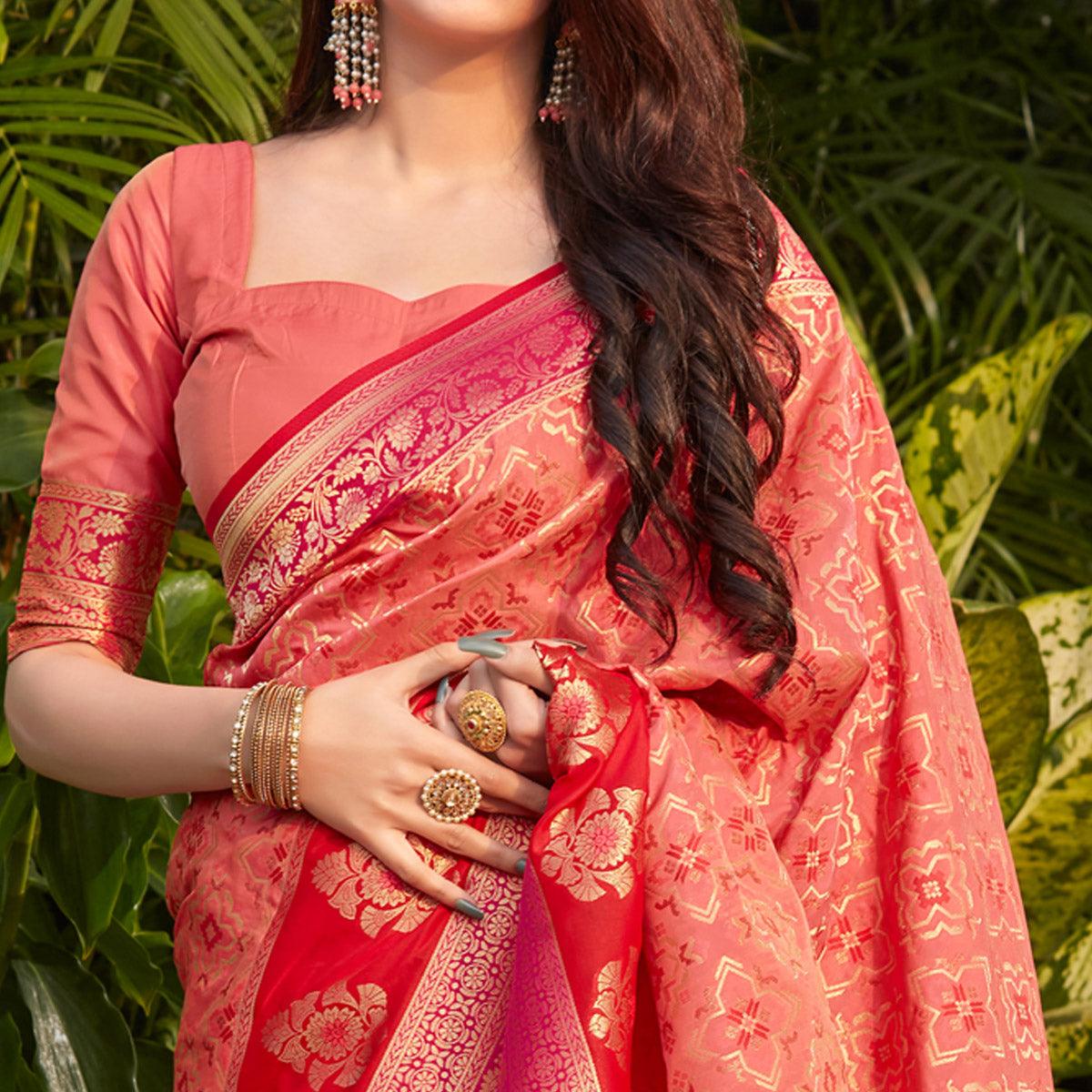 Peach Festive Wear Woven Soft Banarasi Silk Saree - Peachmode