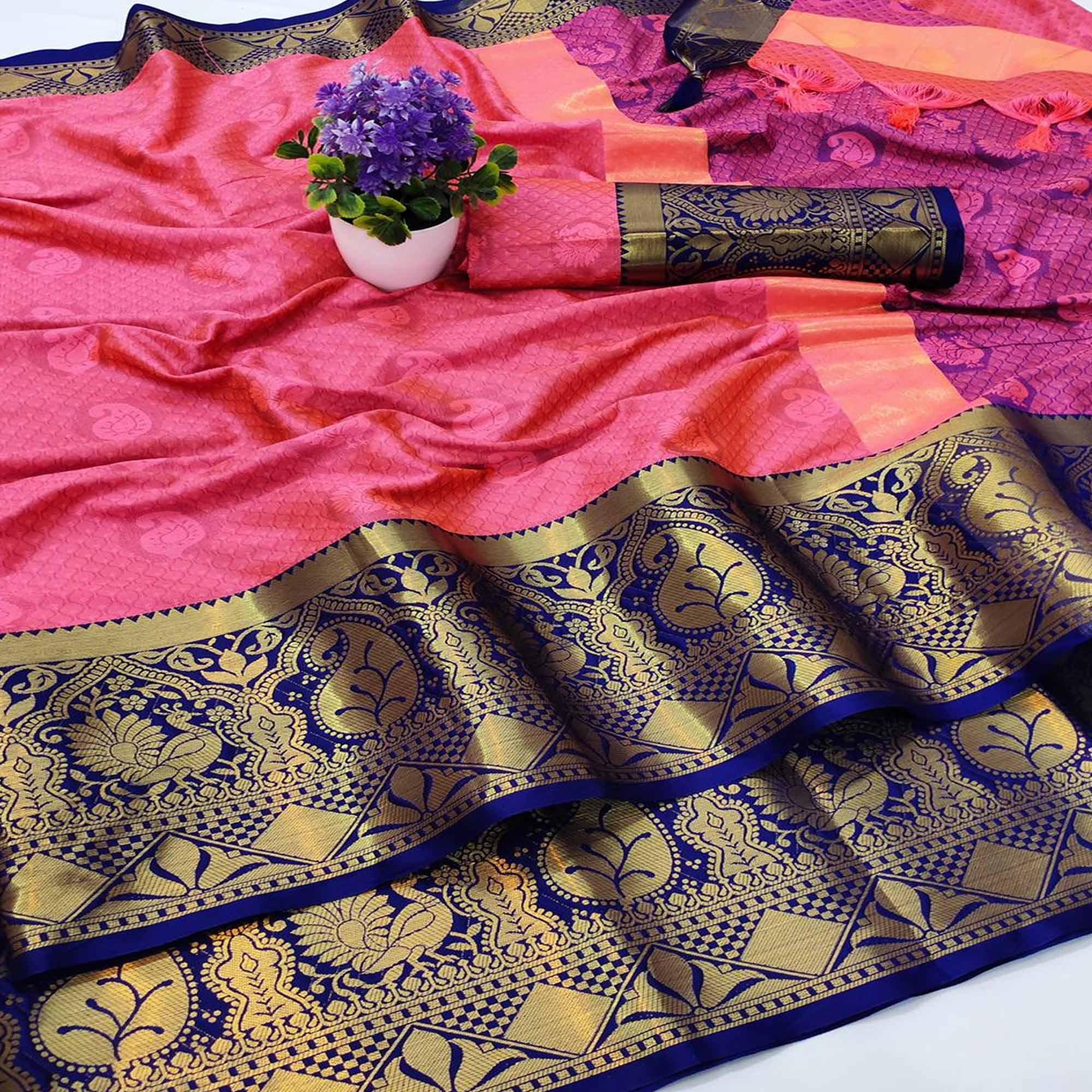 Peach Festive Wear Woven Soft Cotton Saree - Peachmode