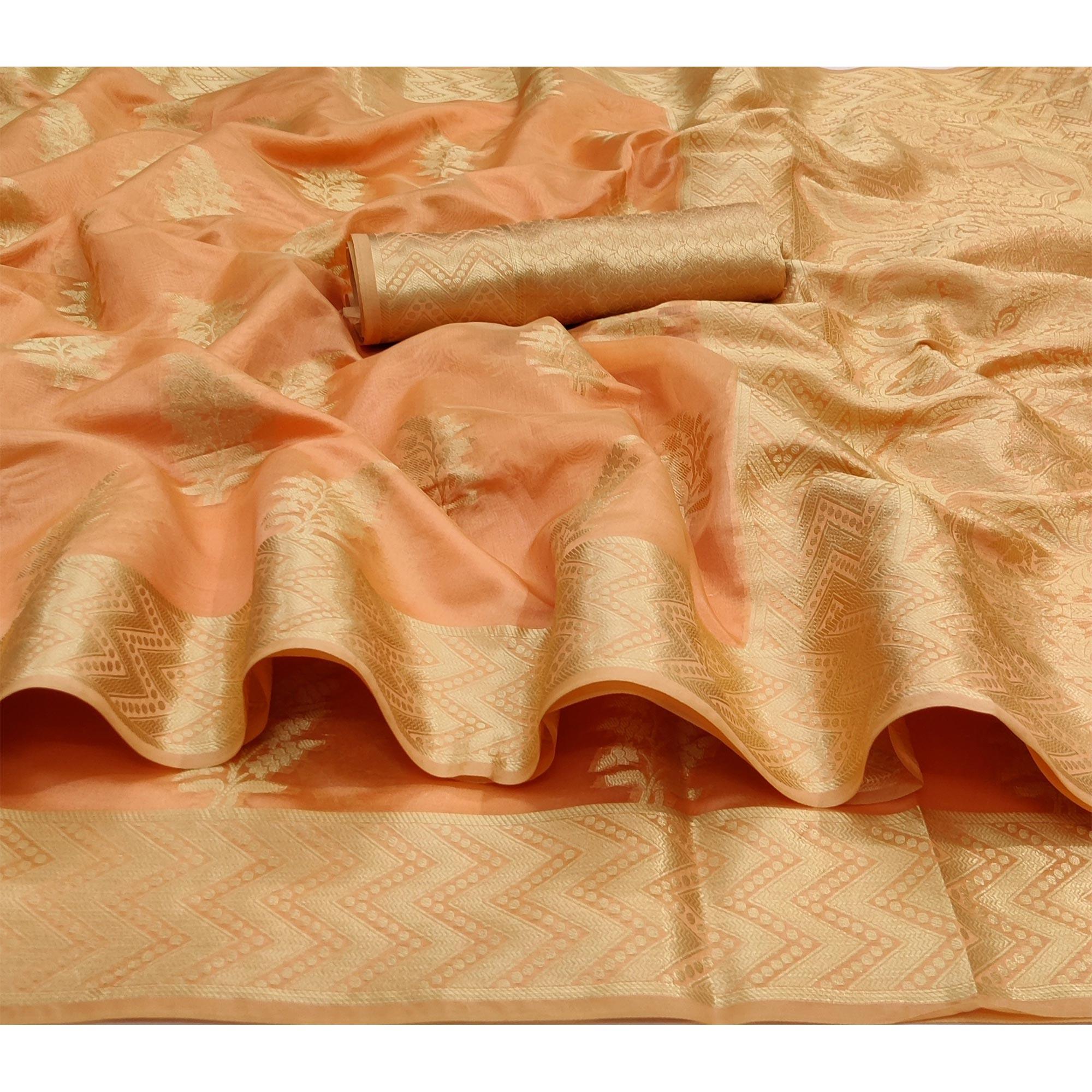 Peach Festive Wear Woven Soft Organza Saree - Peachmode