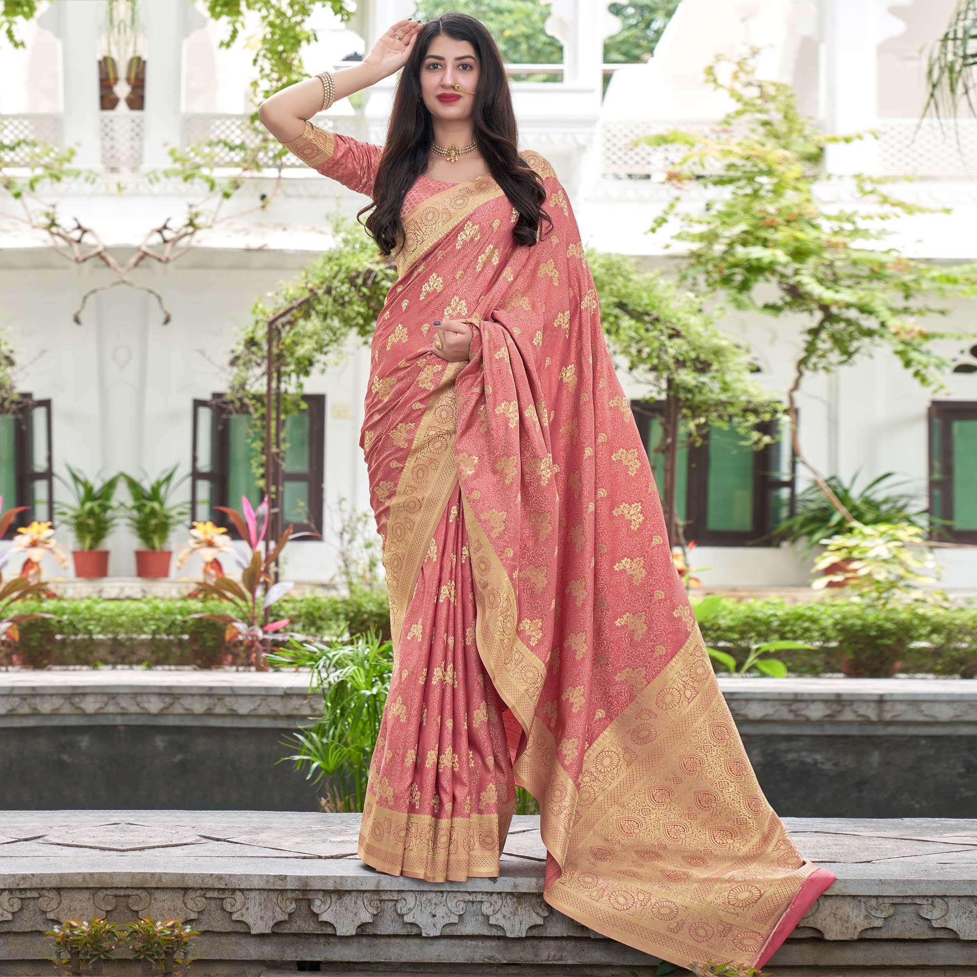 Peach Festive Wear Woven Soft Satin Silk Saree - Peachmode