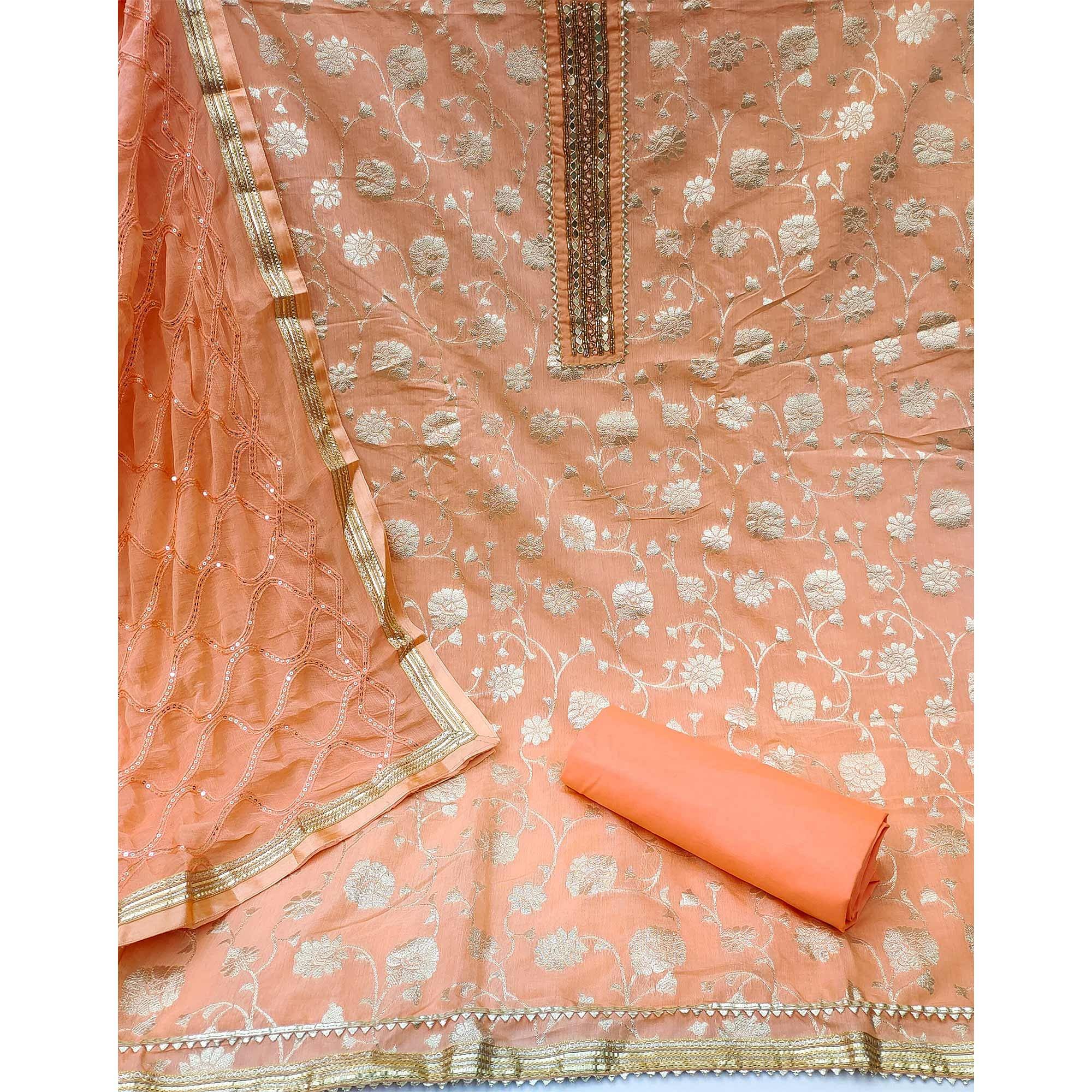 Peach Festive Wear Woven With Embellished Jacquard Dress Material - Peachmode
