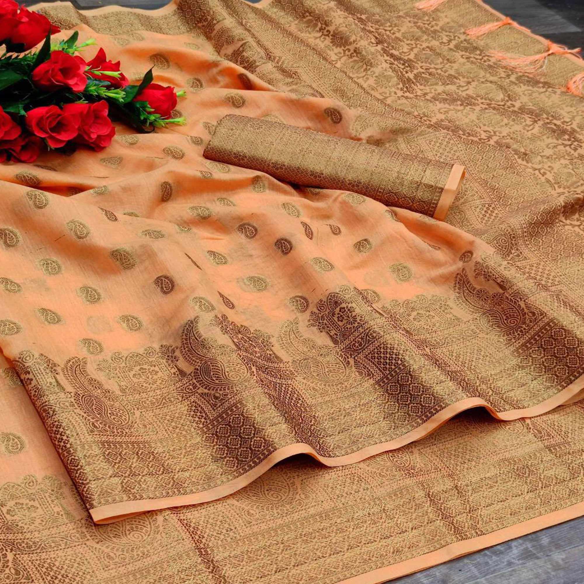 Peach Festive Wear Woven With  Meena Butta Rich Pallu Cotton Saree - Peachmode