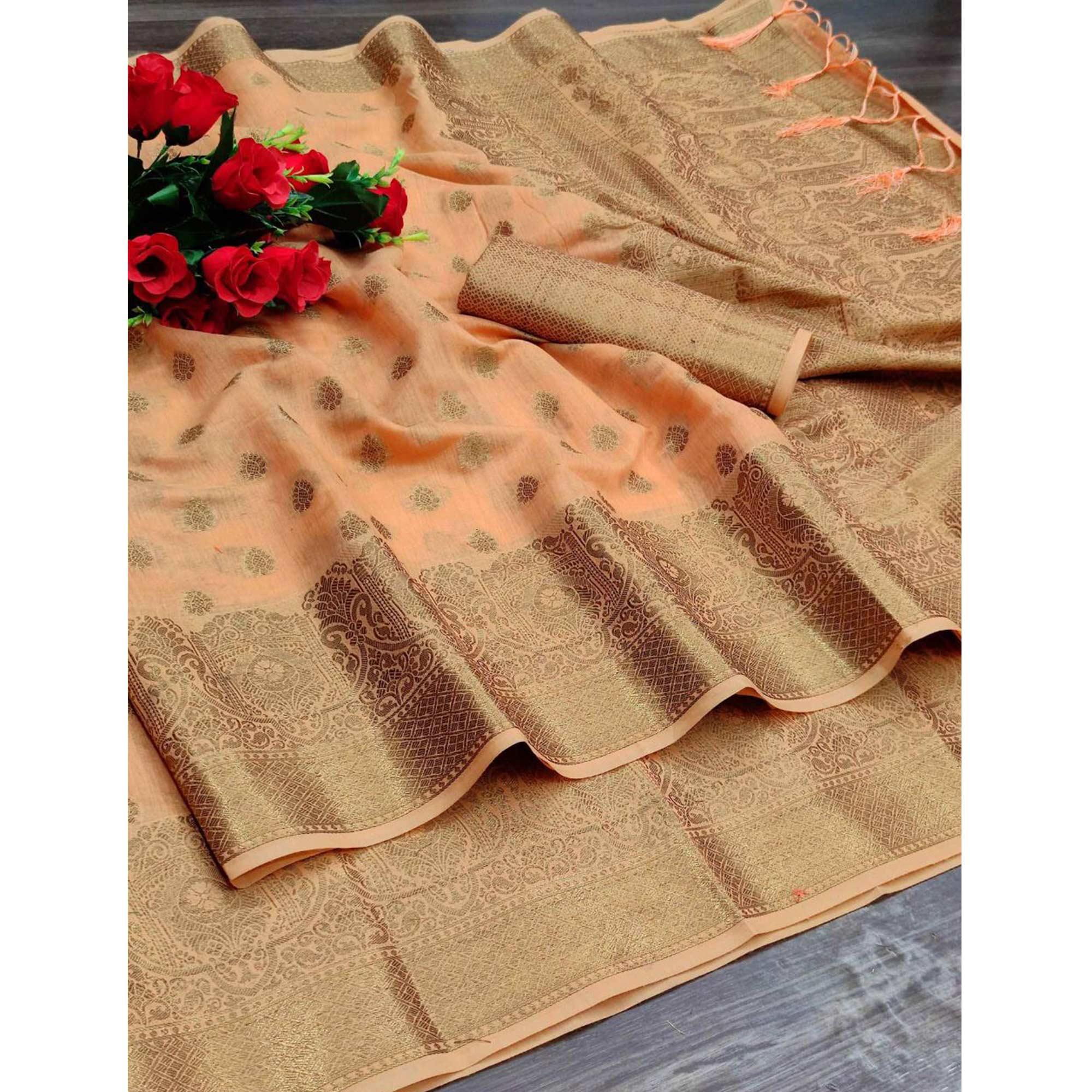 Peach Festive Wear Woven With  Meena Butta Rich Pallu Cotton Saree - Peachmode