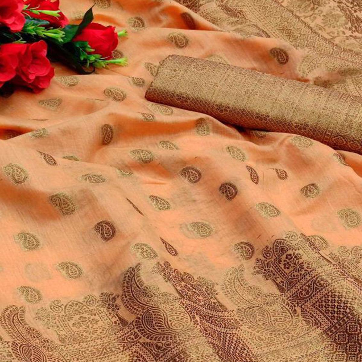 Peach Festive Wear Woven With  Meena Butta Rich Pallu Cotton Saree - Peachmode