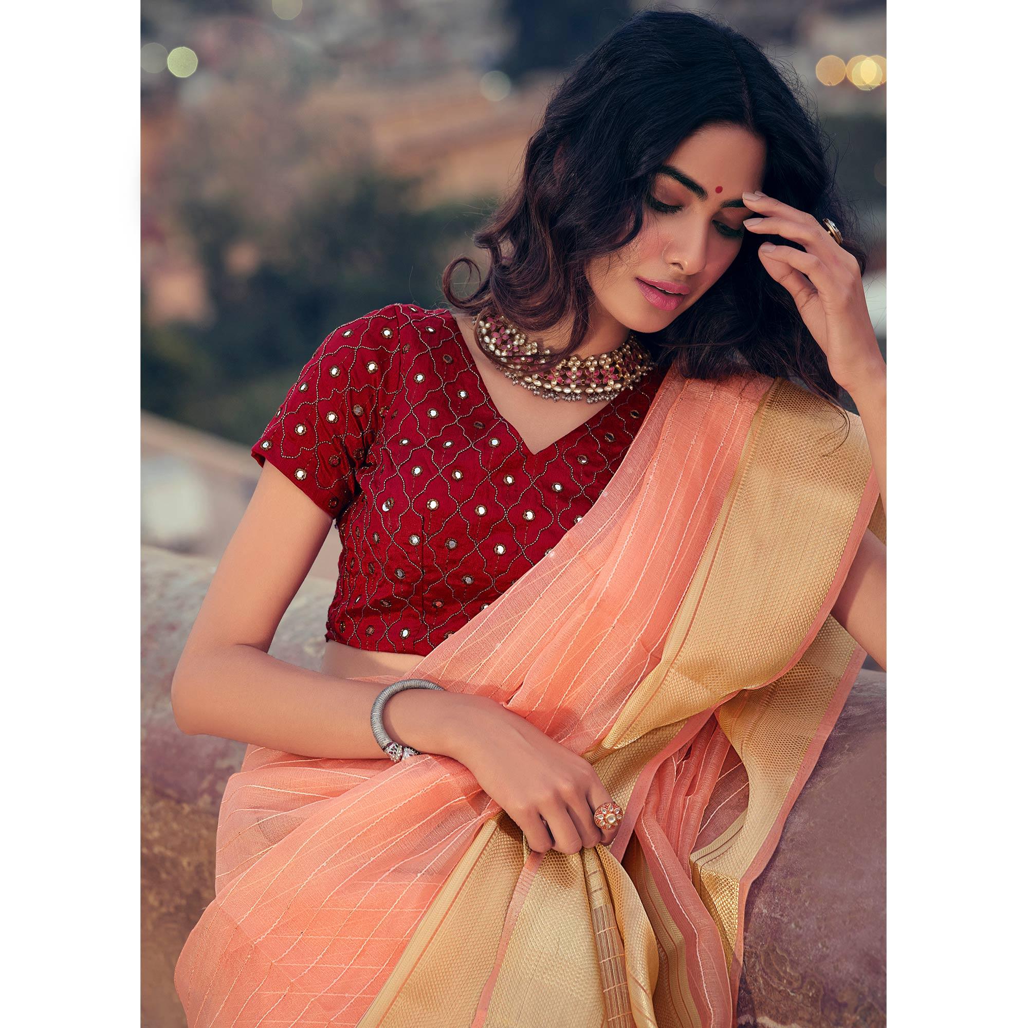 Peach Organza Silk Embroidery Work Saree With Maroon Blouse