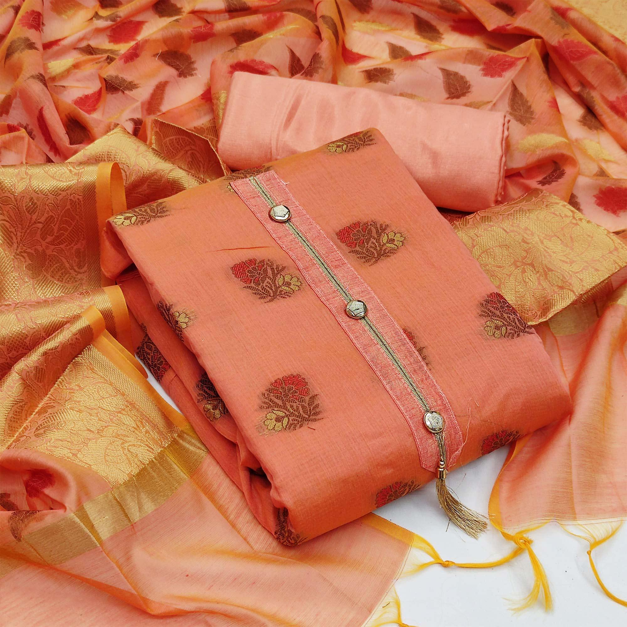 Peach Festive Wear Woven Work Banarasi Jacquard Dress Material - Peachmode