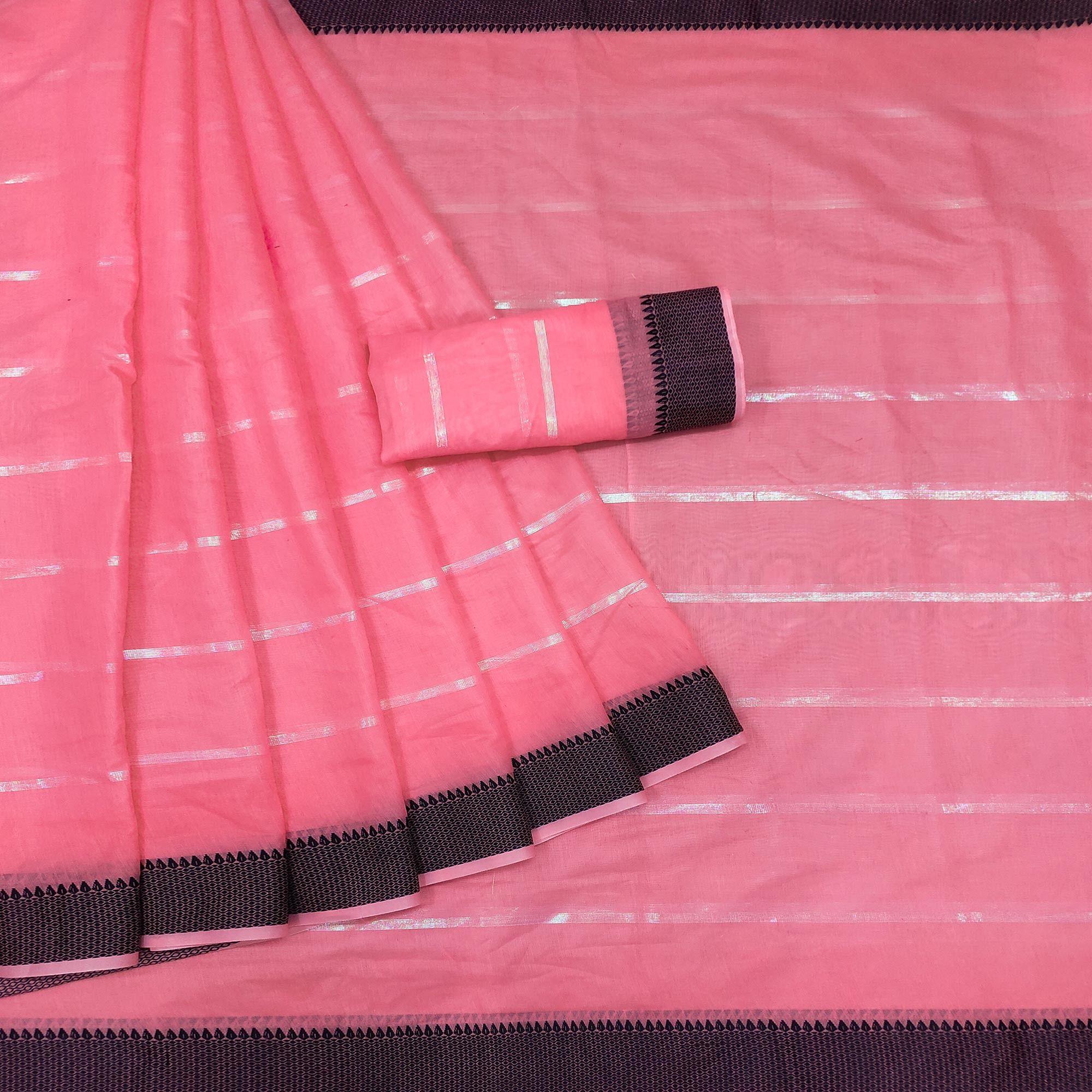 Peach Festive Wear Zari Stripe Cotton Saree - Peachmode