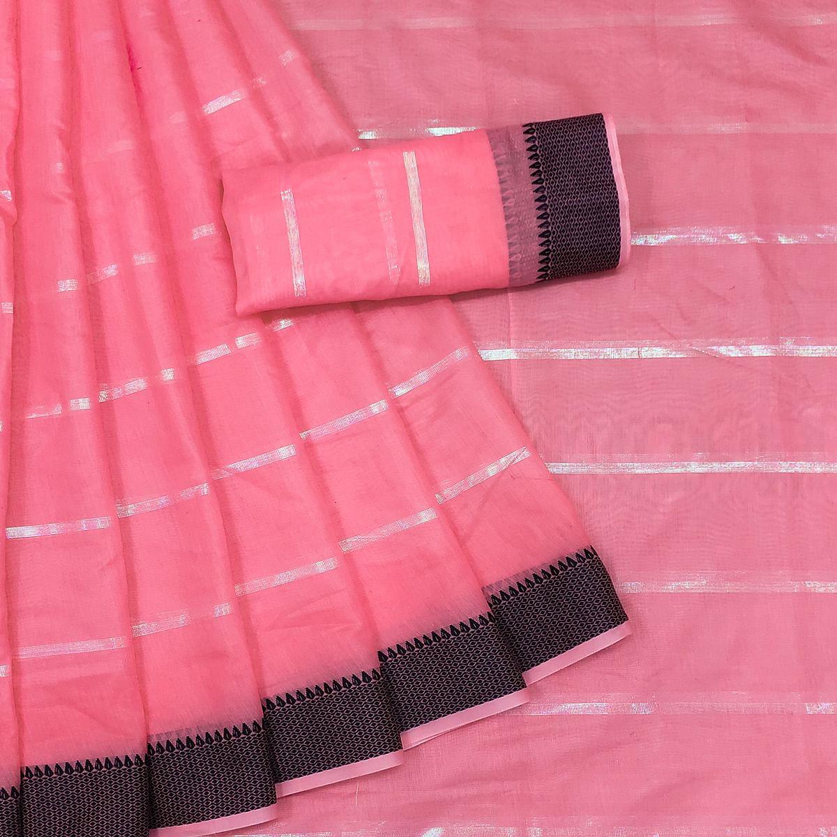 Peach Festive Wear Zari Stripe Cotton Saree - Peachmode