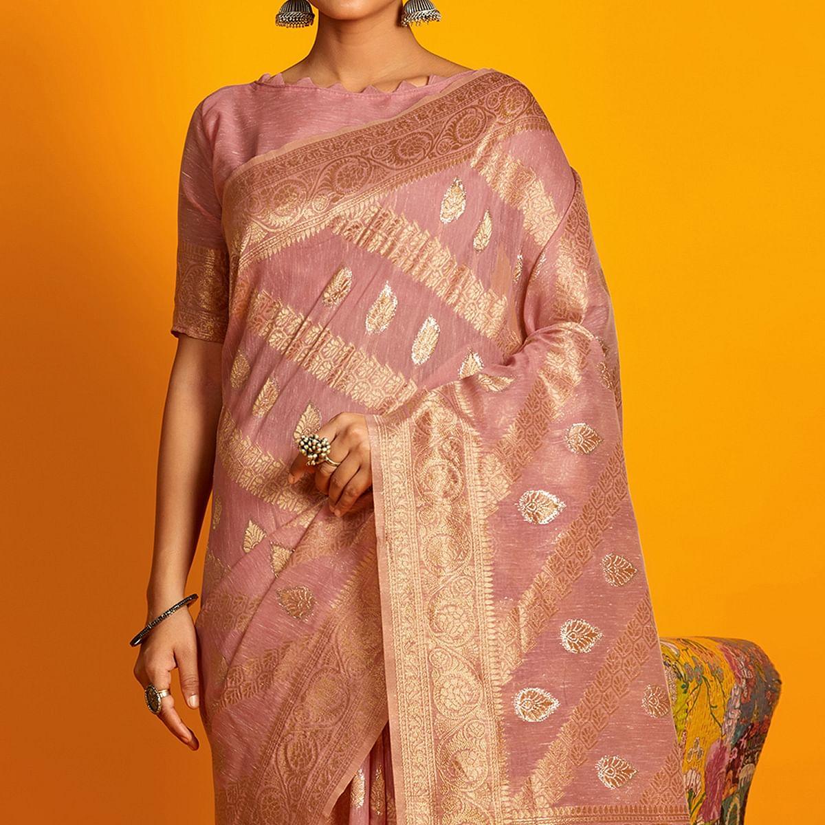 Peach Festive Wear Zari Work Cotton Saree - Peachmode