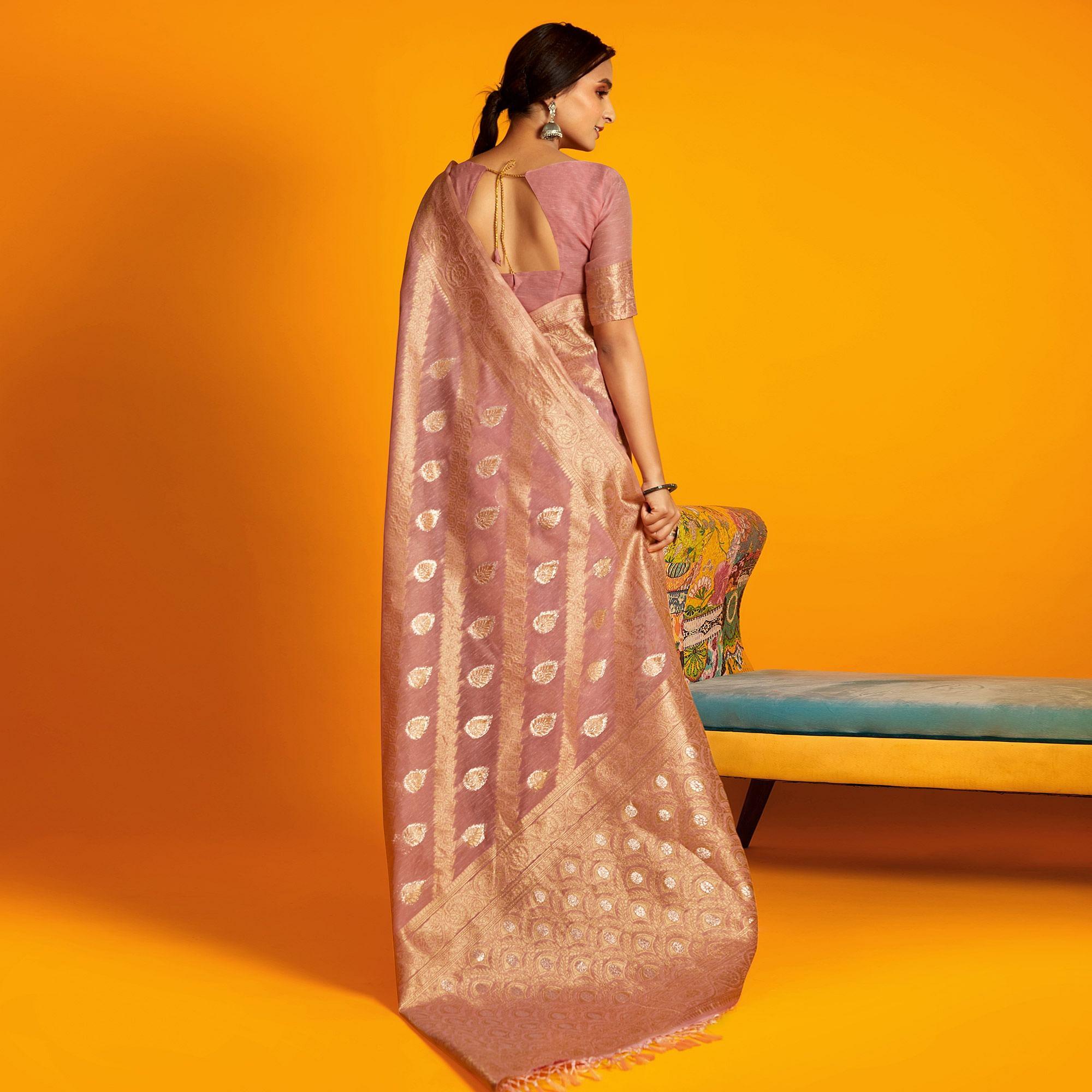 Peach Festive Wear Zari Work Cotton Saree - Peachmode