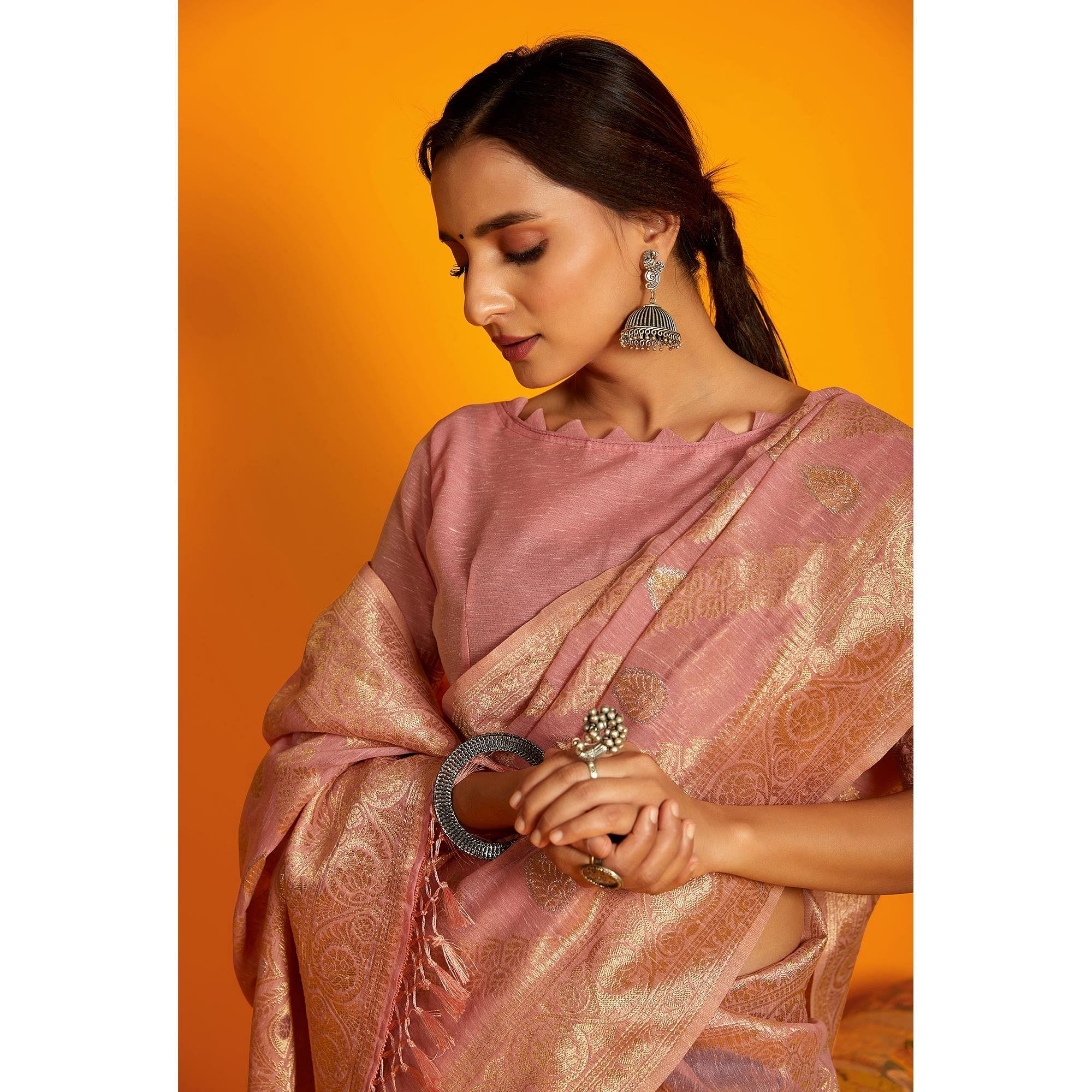 Peach Festive Wear Zari Work Cotton Saree - Peachmode