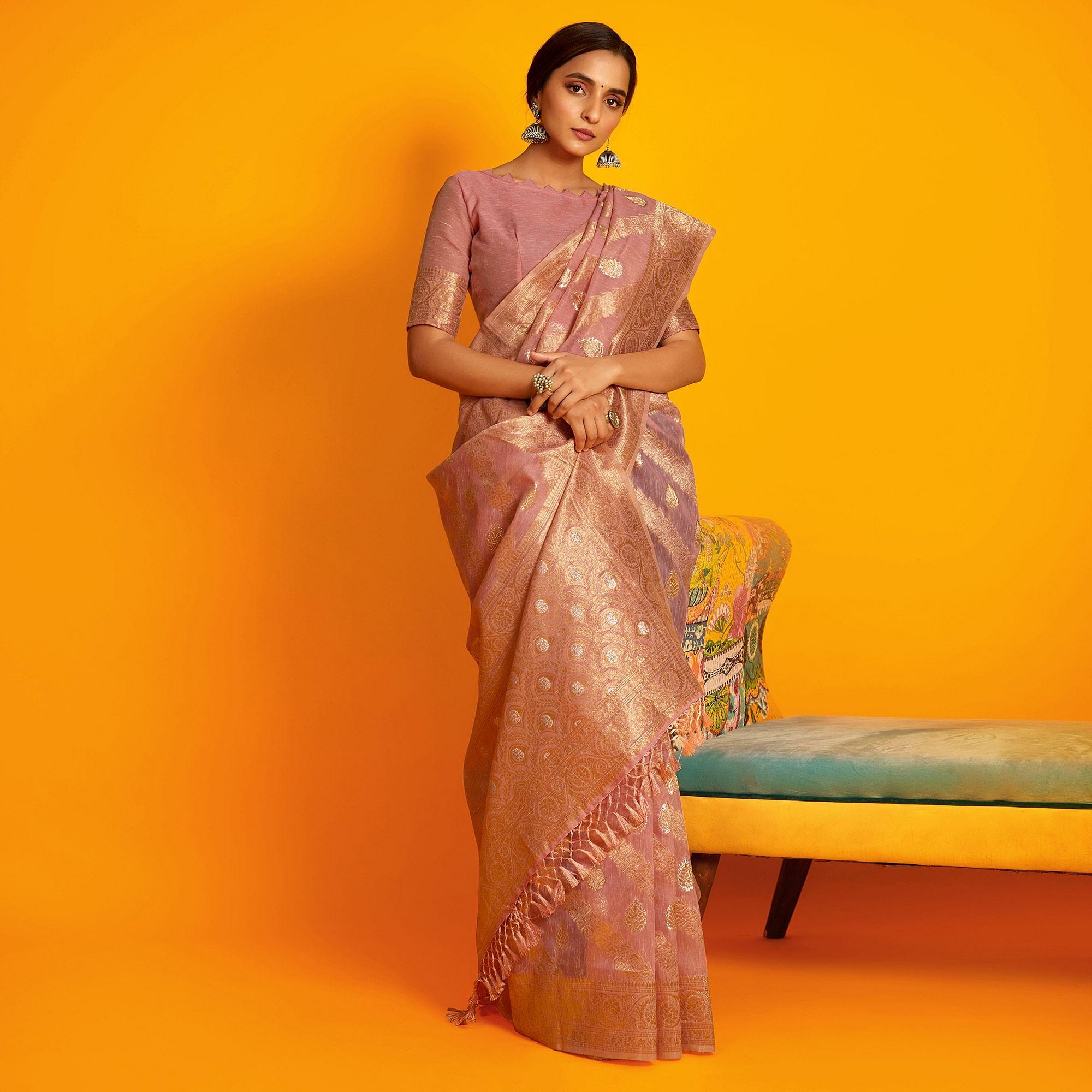 Peach Festive Wear Zari Work Cotton Saree - Peachmode