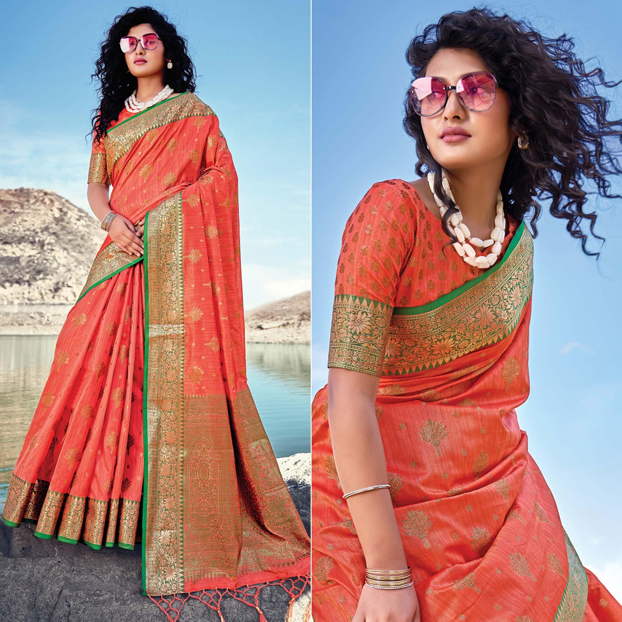 Peach Festive Wear Zari Woven Banarasi Silk Saree - Peachmode
