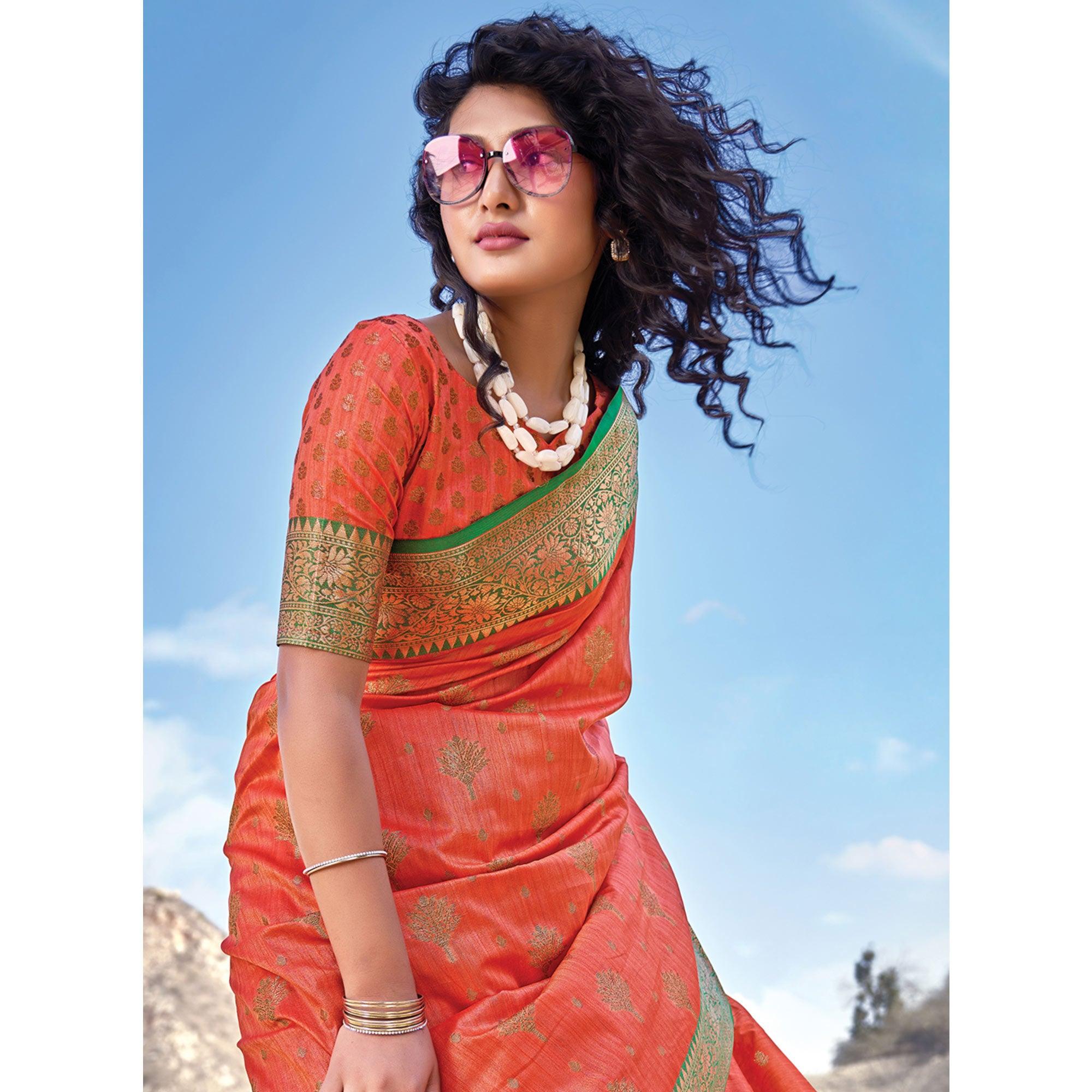 Peach Festive Wear Zari Woven Banarasi Silk Saree - Peachmode