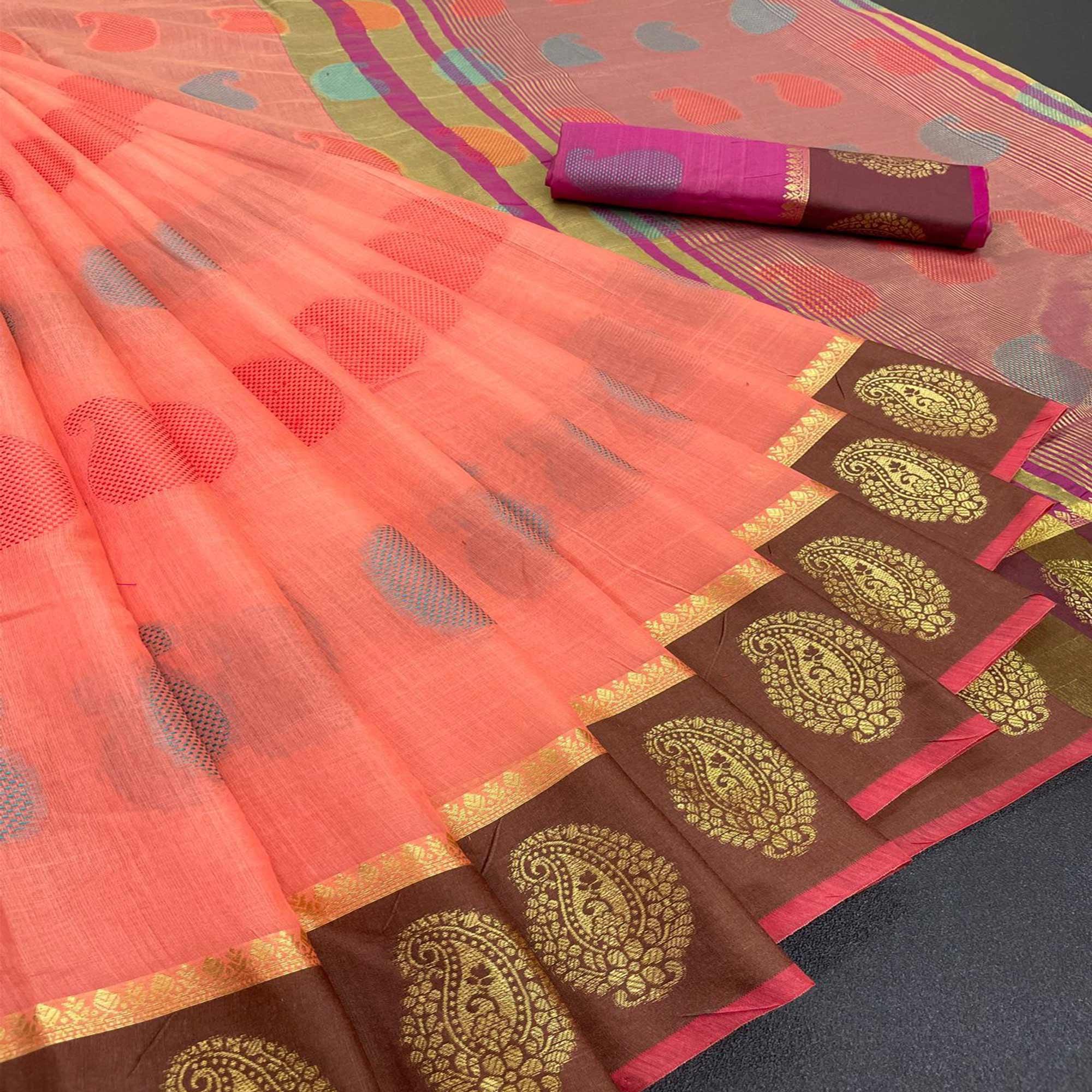 Peach Festive Wear Zari Woven Soft Cotton Silk Saree - Peachmode