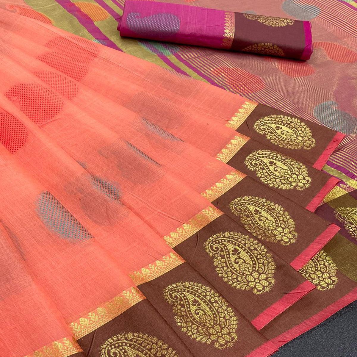Peach Festive Wear Zari Woven Soft Cotton Silk Saree - Peachmode