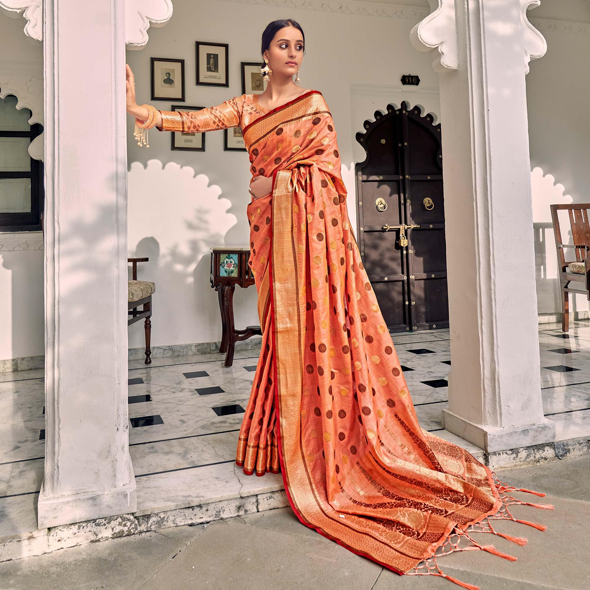 Peach Festive Wear Zari Woven Soft Ghichaa Silk Saree - Peachmode