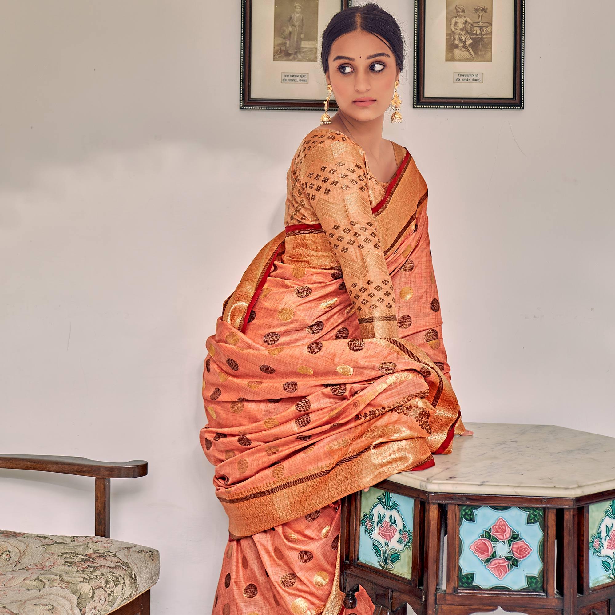 Peach Festive Wear Zari Woven Soft Ghichaa Silk Saree - Peachmode
