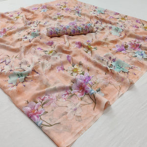 Peach Floral Digital Printed Georgette Saree - Peachmode