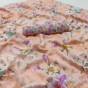 Peach Floral Digital Printed Georgette Saree - Peachmode
