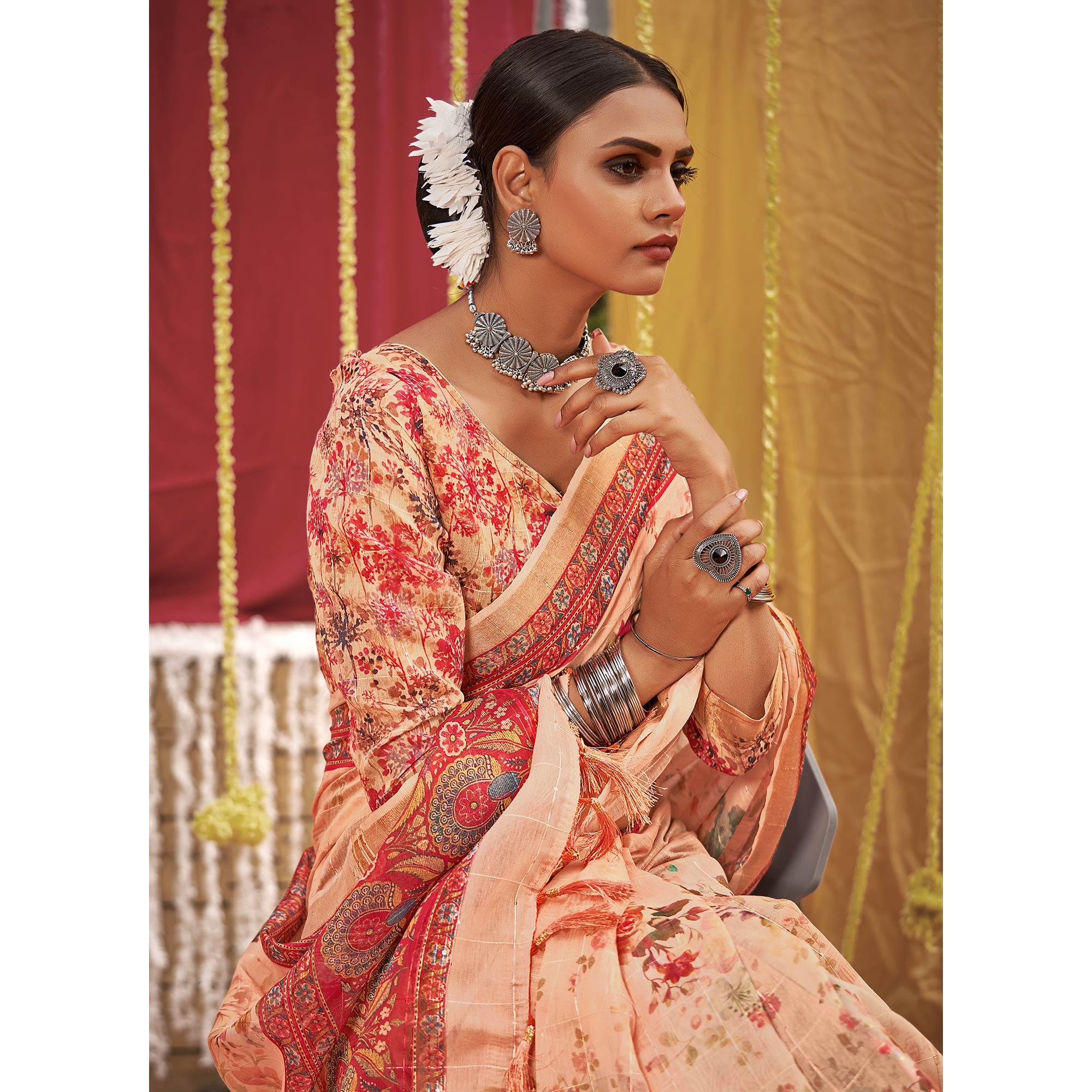 Peach Floral Digital Printed Linen Saree With Tassels - Peachmode