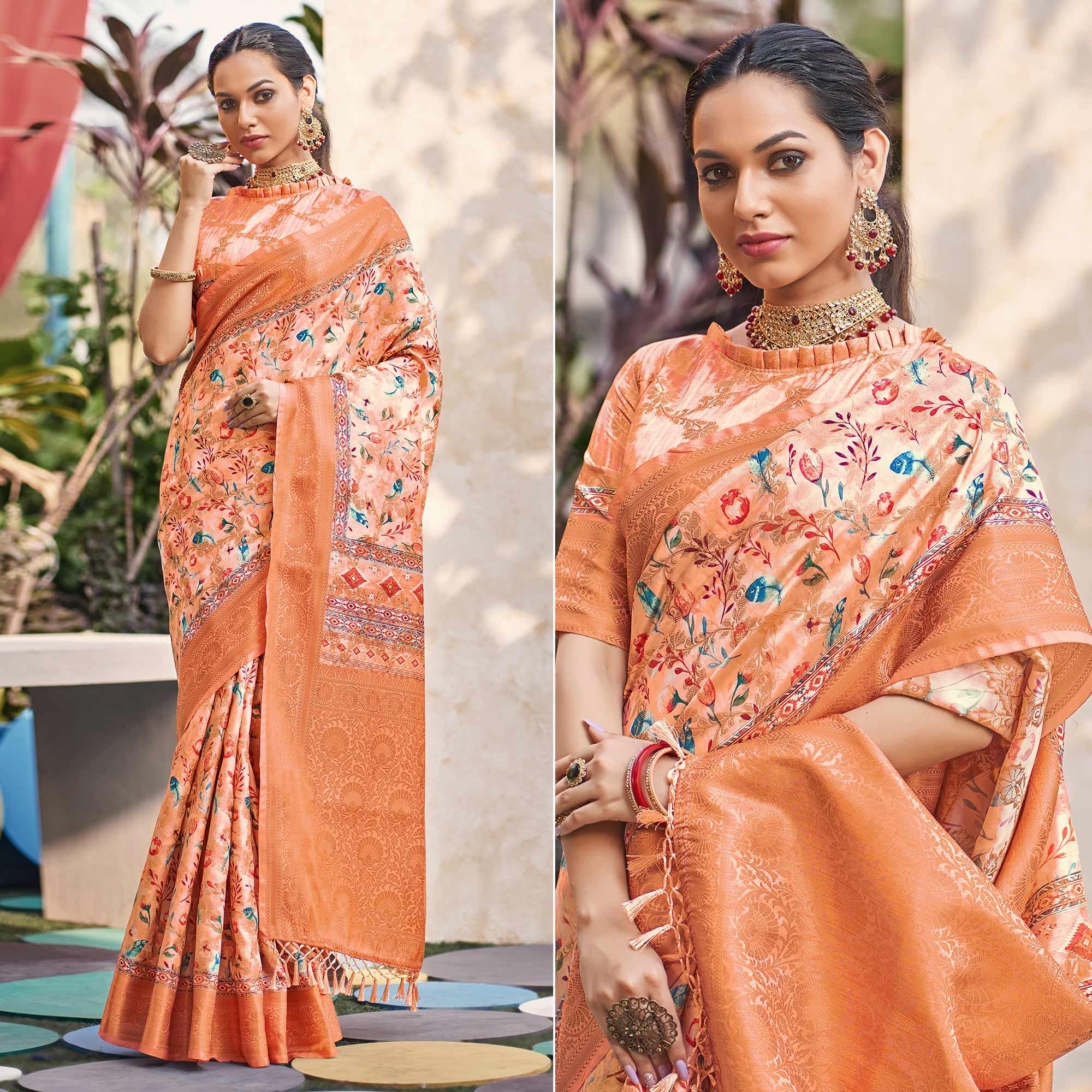 Peach Floral Digital Printed Pure Silk Saree - Peachmode