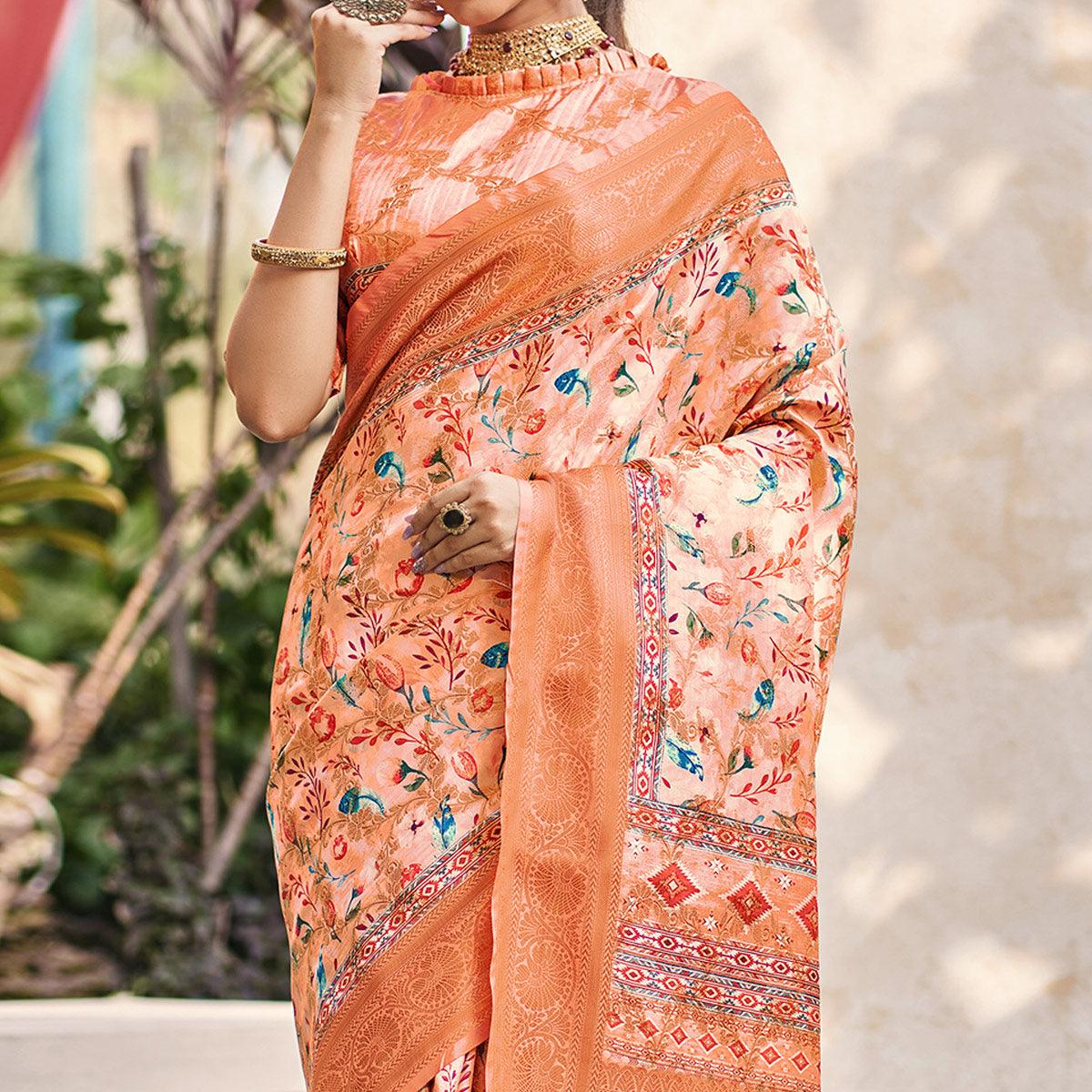 Peach Floral Digital Printed Pure Silk Saree - Peachmode